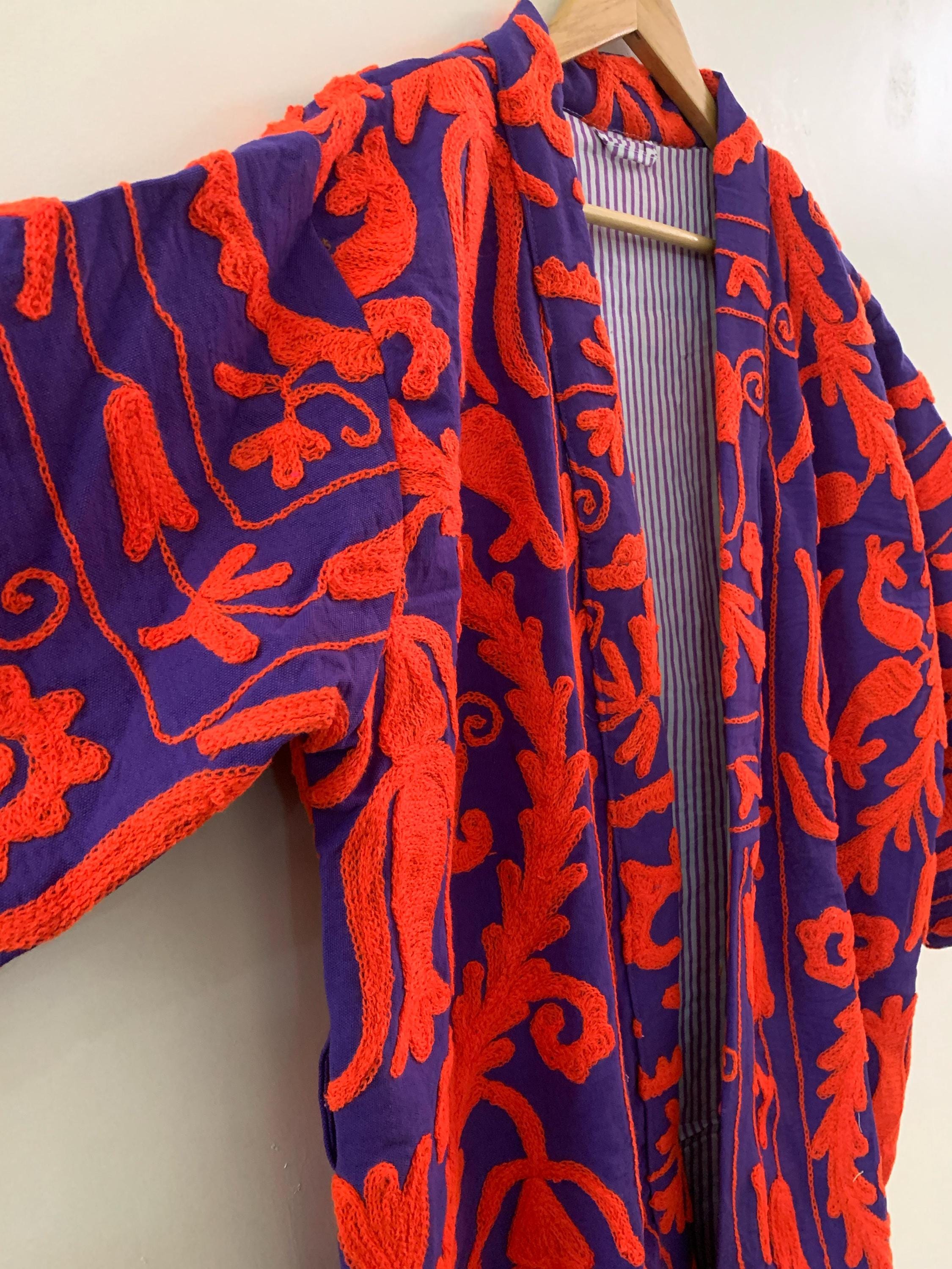 Cotton Canvas Kimono Long Jacket |Hand Embroidered Robe |Boho Clothing | Artisan Statement Piece Kimono | Loungewear Spring Kimono