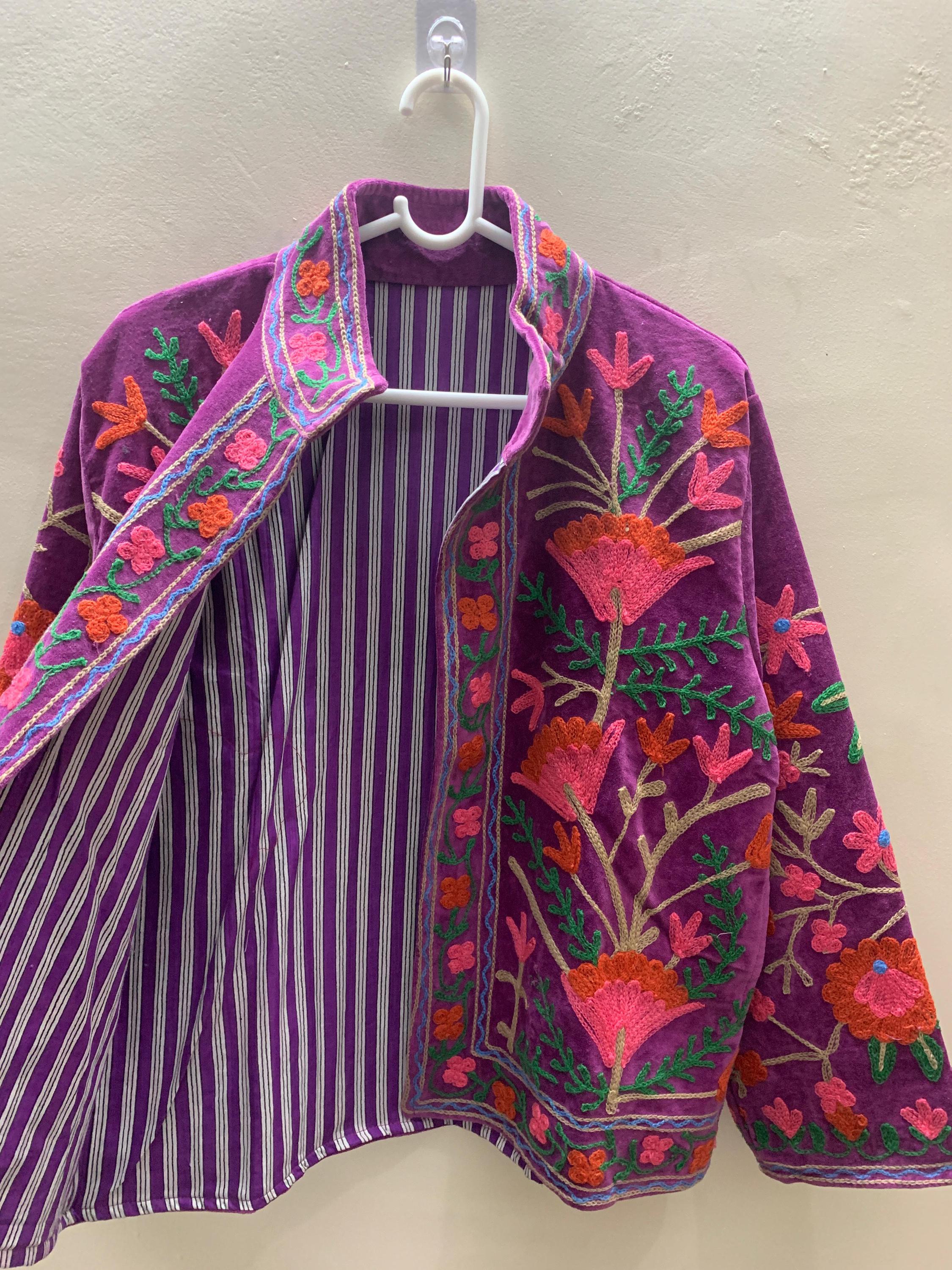 Vintage Suzani Embroidered Velvet Jacket |Pink Jacket | Bomber Hippie Jacket | Winter Warmed Coat | Gift For Her |Duster Short Floral Jacket