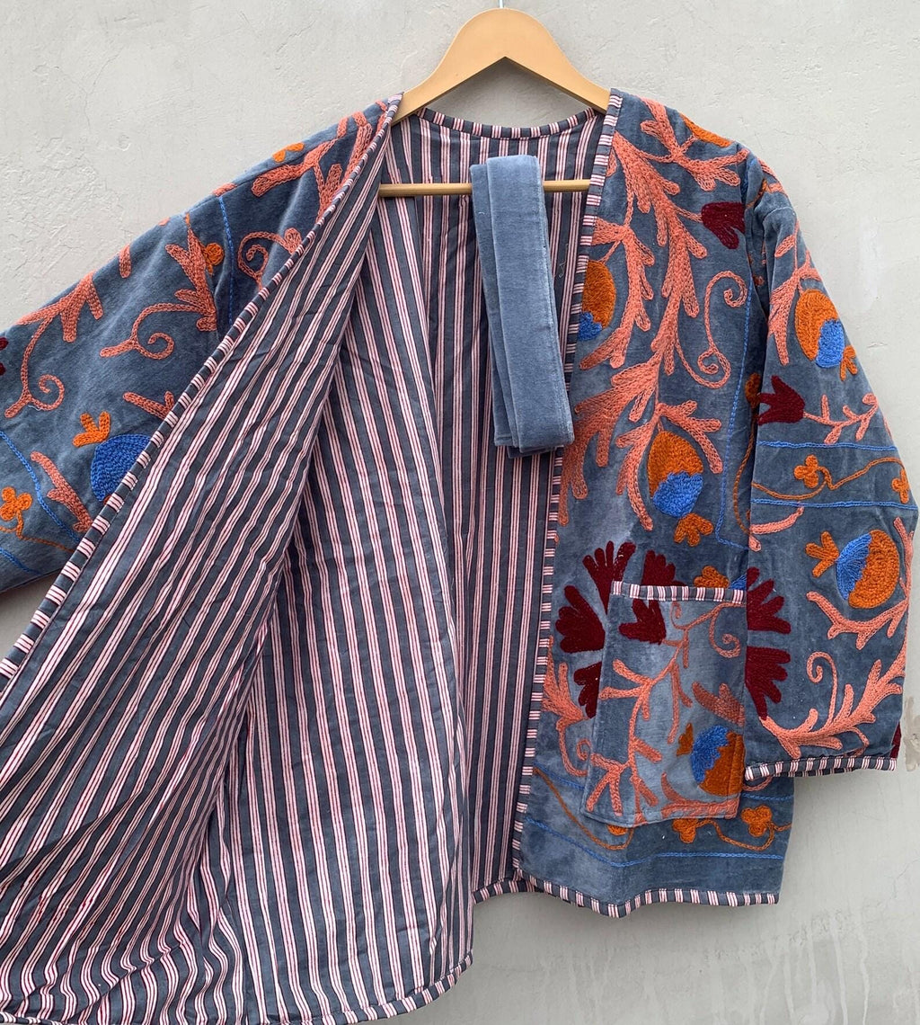 Grey Velvet Suzani Short Boho Robe | Ethnic Embroidered Kimono Coat | Vintage Duster