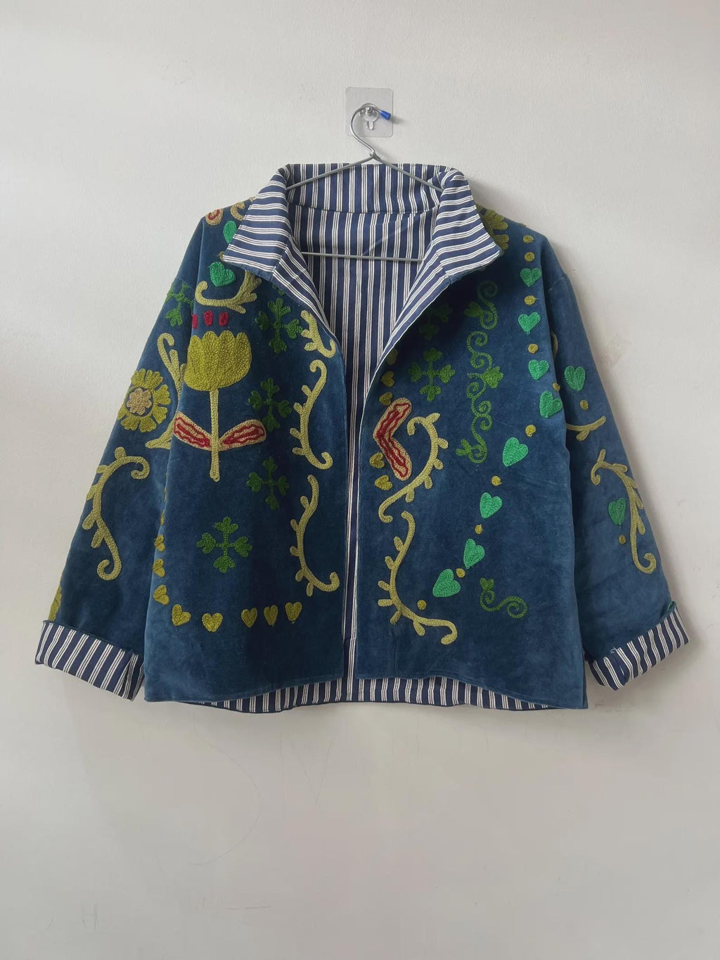 Bohemian Velvet Suzani Embroidered Coat | Floral Statement Jacket | Ethnic Duster Outerwear | Bomber Style Jacket |Gift For her