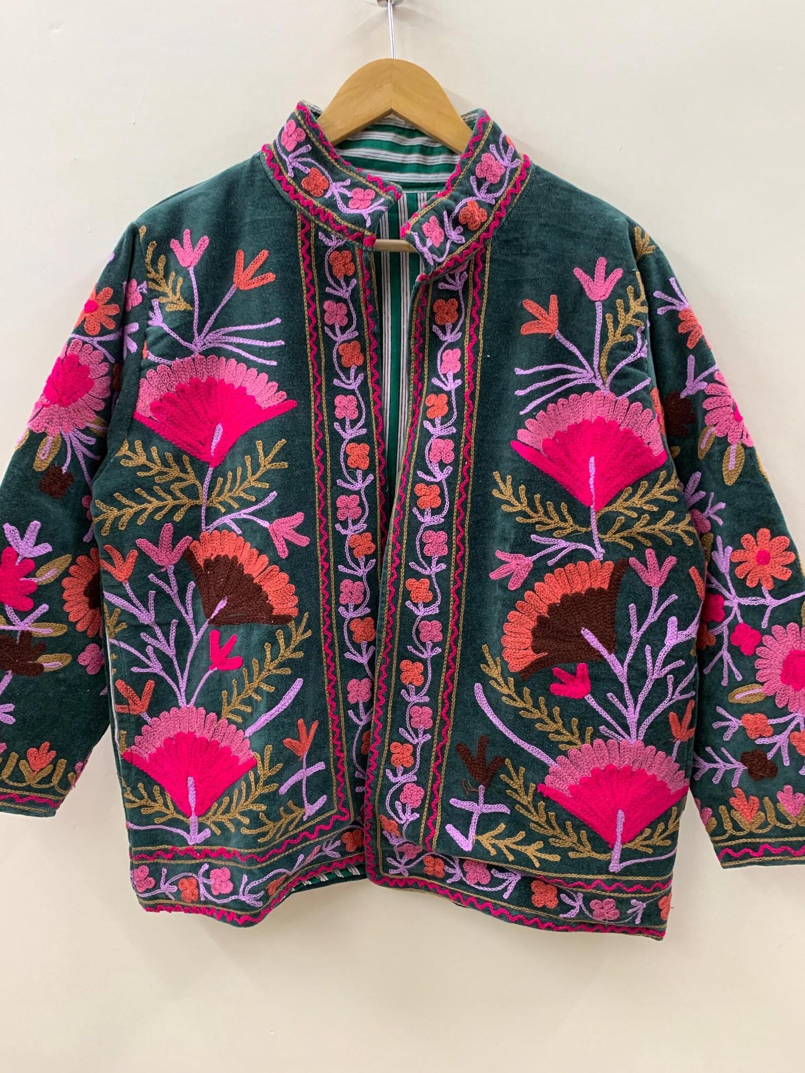 Indian Style Velvet Embroidery Suzani Jacket | Boho Coat | Unisex Bridesmaid Gift | Winter Jacket | Kimono Robe, Duster Jacket, Gift For Her