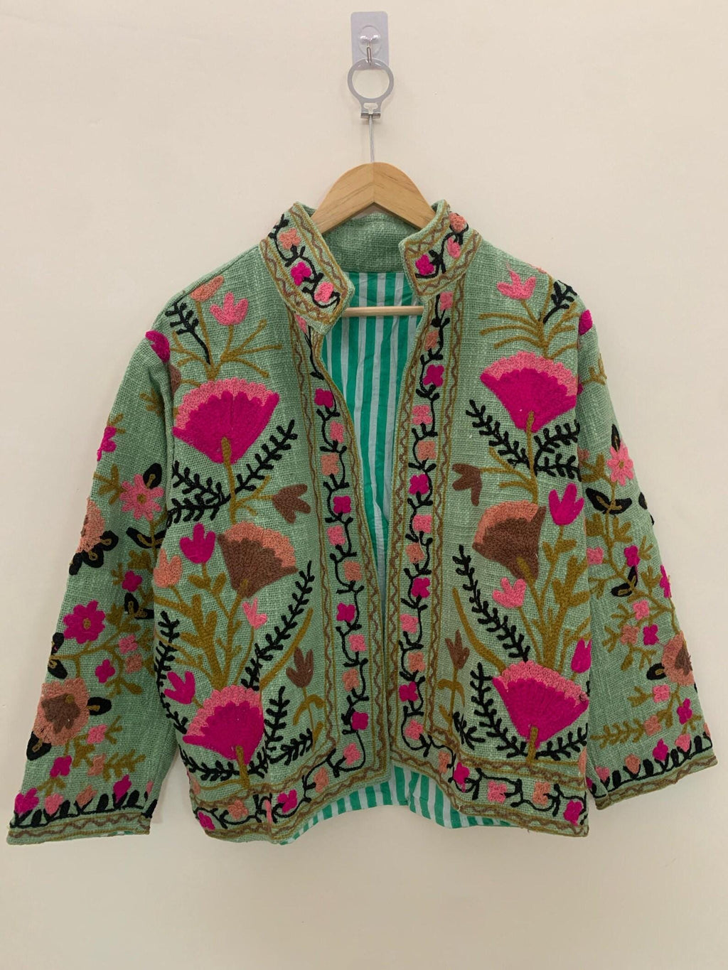 Green TNT Fabric Suzani Embroidery Quilted Jacket, Winter Wear Duster Jacket, Women's Coat