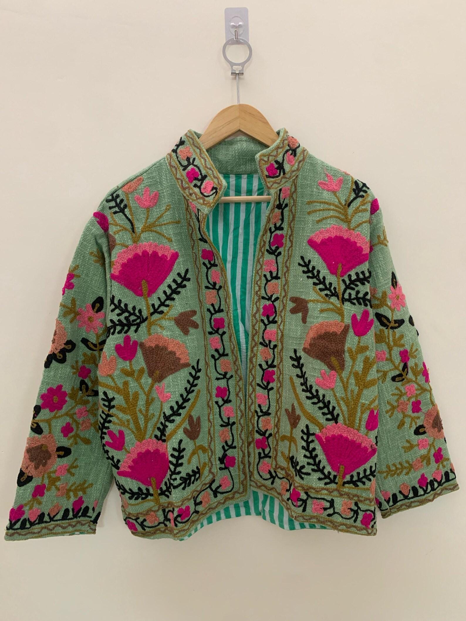 Green TNT Fabric Suzani Embroidery Quilted Jacket, Winter Wear Duster Jacket, Women's Coat