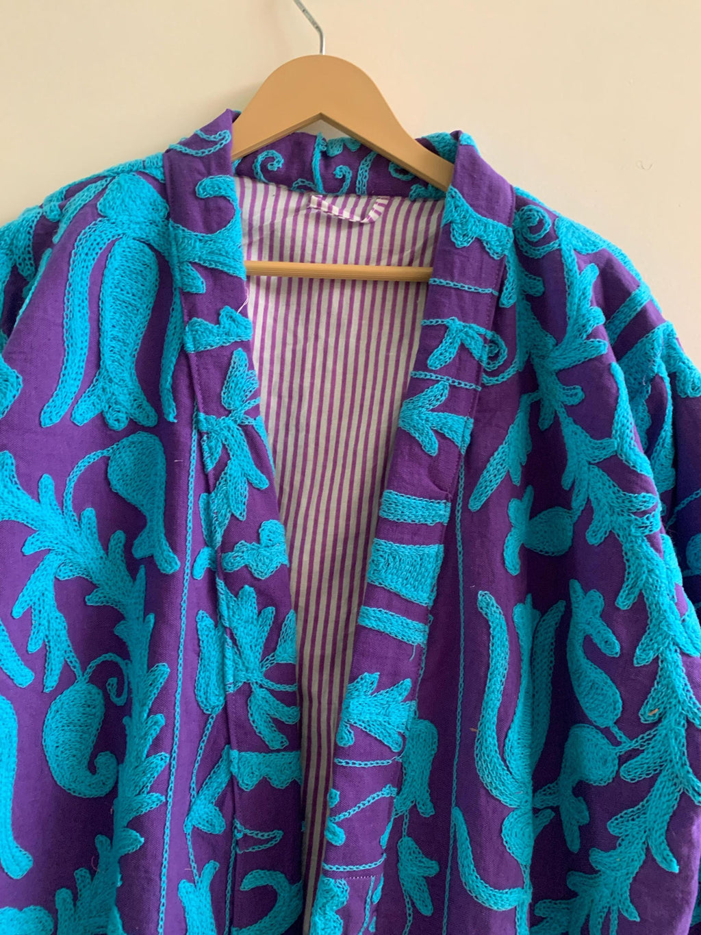 Embroidered Unisex Kimono |Japanese Inspired Kimono Jacket | Purple Cotton Canvas Robe | Handmade Boho Duster | Beach Cover Up |Gift for Her