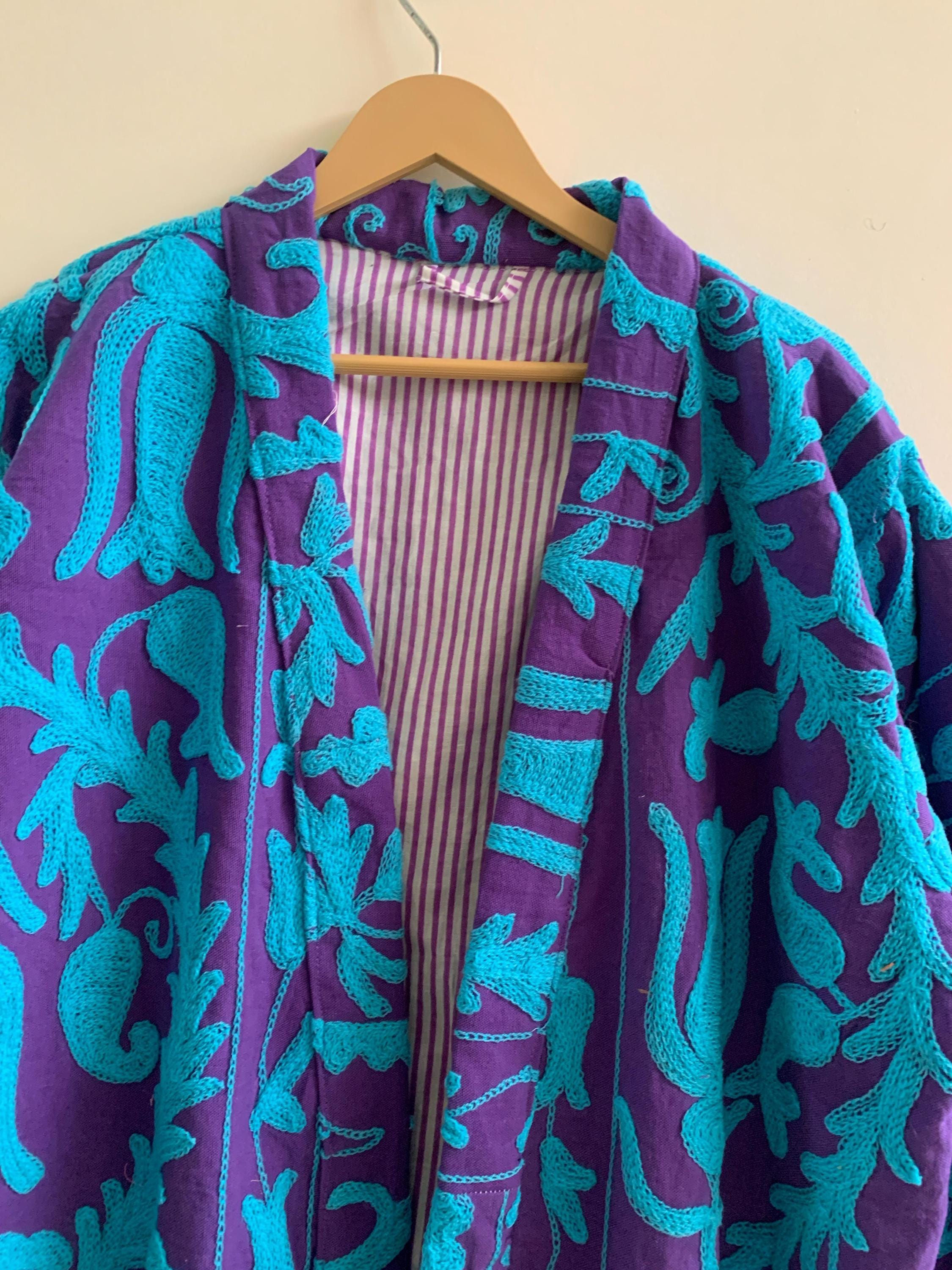Embroidered Unisex Kimono |Japanese Inspired Kimono Jacket | Purple Cotton Canvas Robe | Handmade Boho Duster | Beach Cover Up |Gift for Her