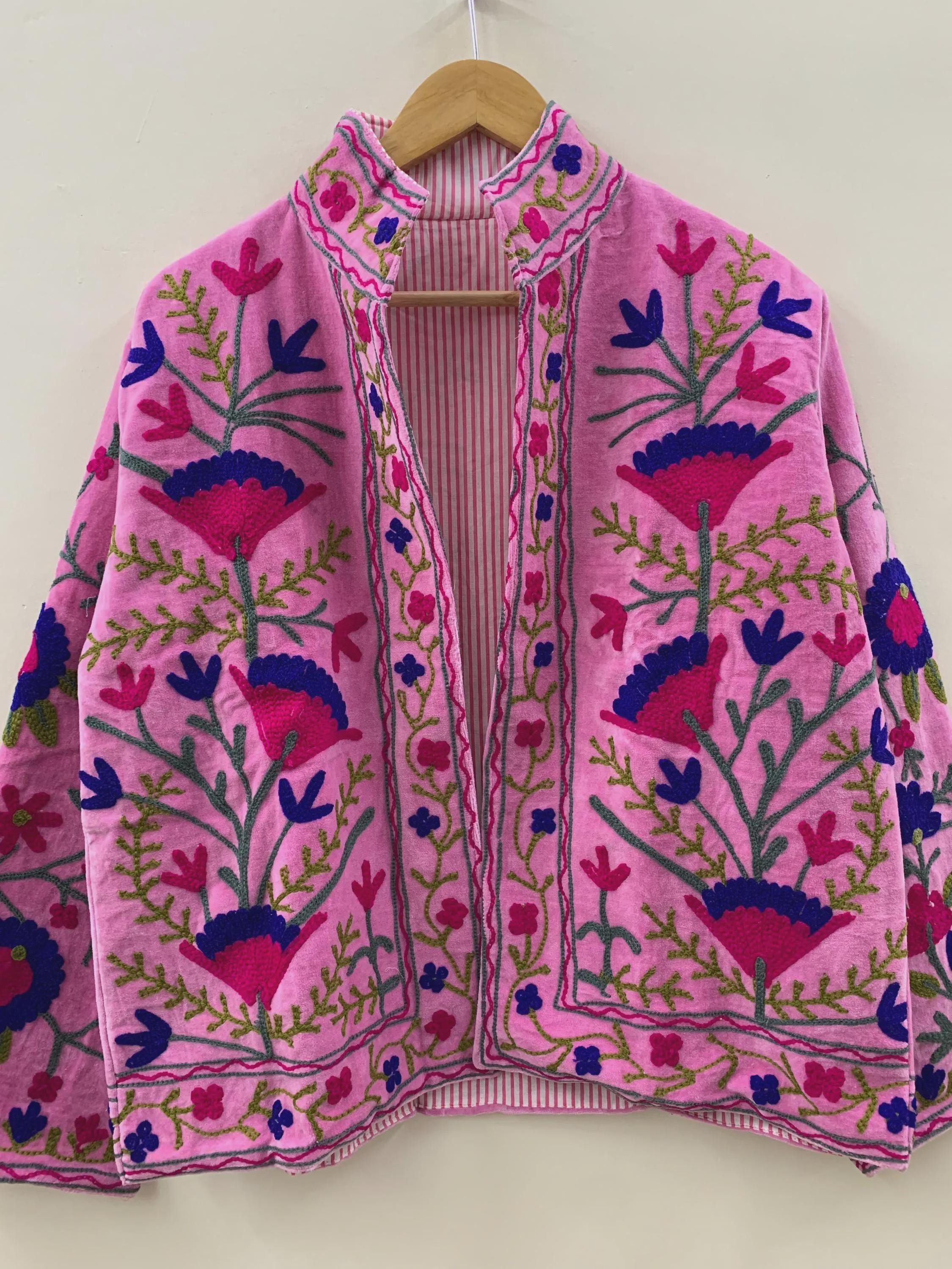 Pink Floral Suzani Embroidered Short Jacket | Kimono Jacket | Short Coat | Velvet Winter Outerwear | Ethnic Fashion Jacket | Gift for Her
