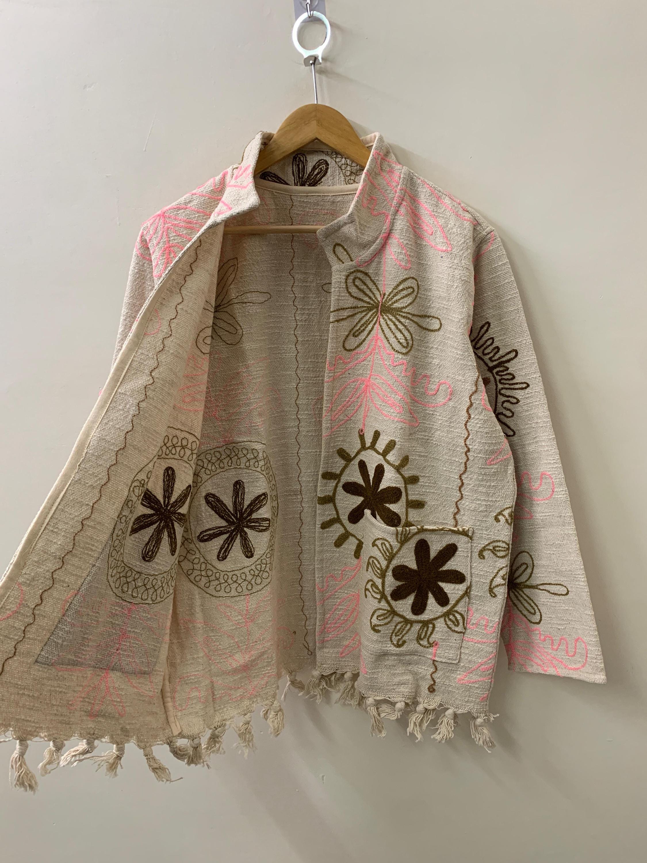 Statement Ethnic Embroidered Cotton Suzani Kimono | Boho Tribal Shrug | Lightweight Spring Outerwear | Long Duster Jacket