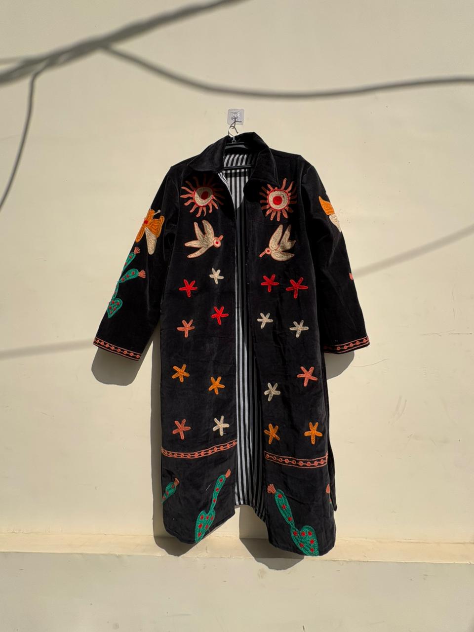 Black Suzani Velvet Kimono |Unisex Bohemian Overcoat | Vintage Kimono Jacket |Hand Embroidered Winter Wear Kimono Jacket | Bohemian Overcoat