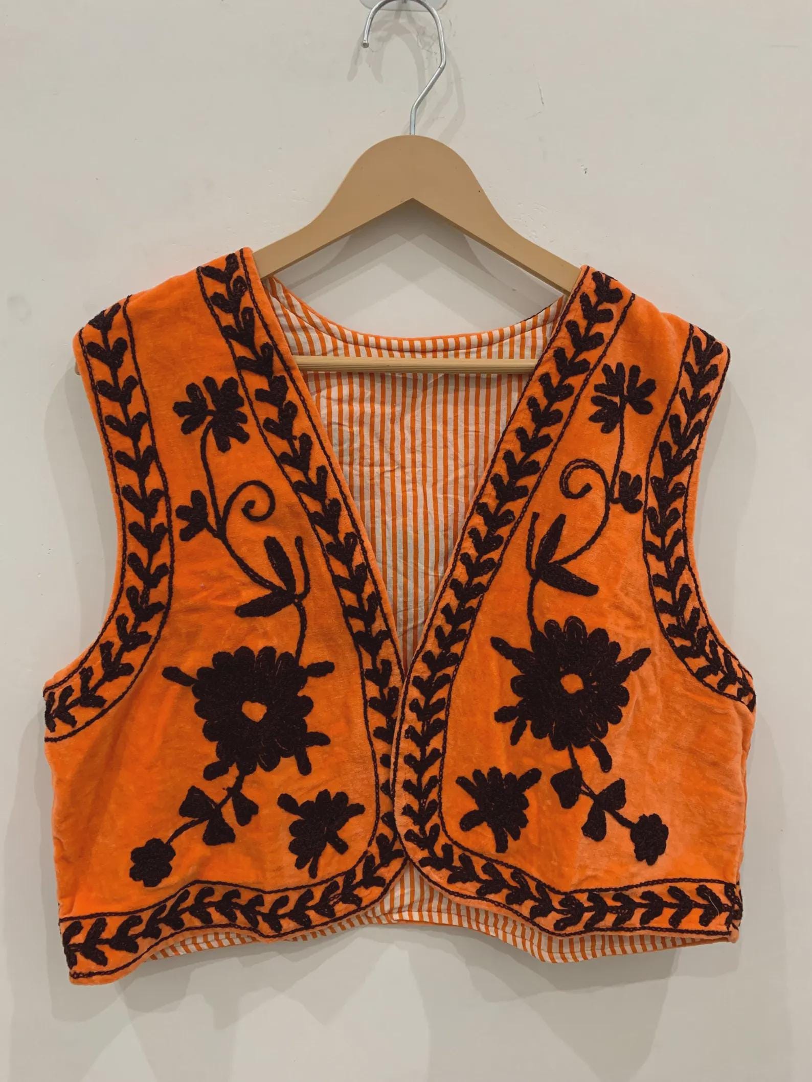 Orange Suzani Velvet Vest | Boho Embroidered Waistcoat | Vintage Floral Sleeveless Jacket | Festival Bohemian Layer | Ethnic Statement Vest