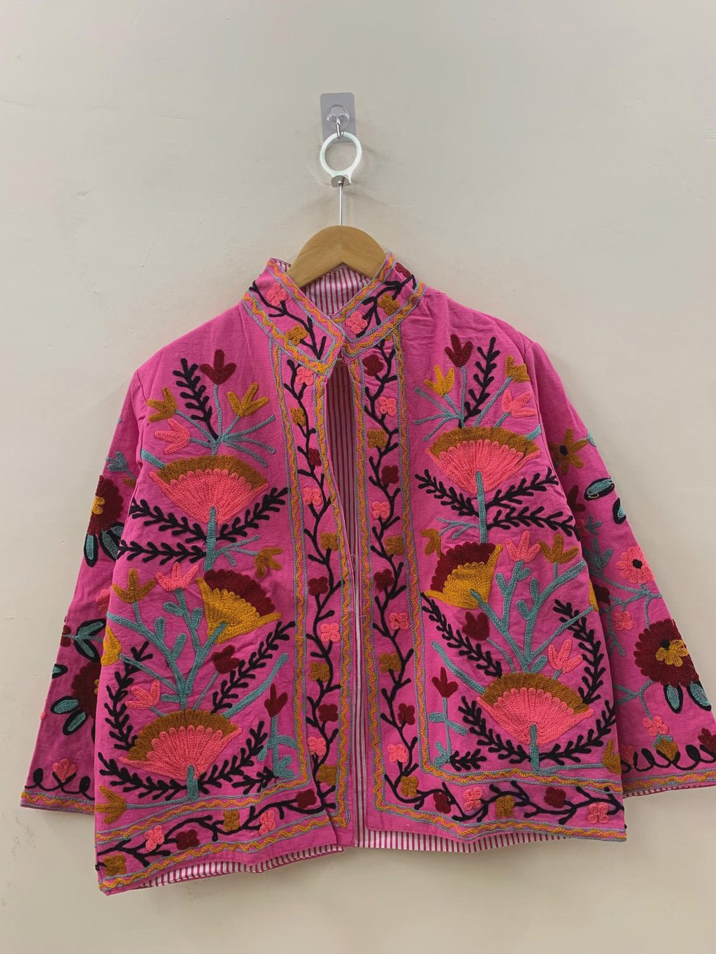 Pink Cotton Suzani Short Jacket | Handmade Embroidered Boho Coat | Floral Bohemian Festival Jacket | Ethnic Artisan Outerwear |Gift for Her
