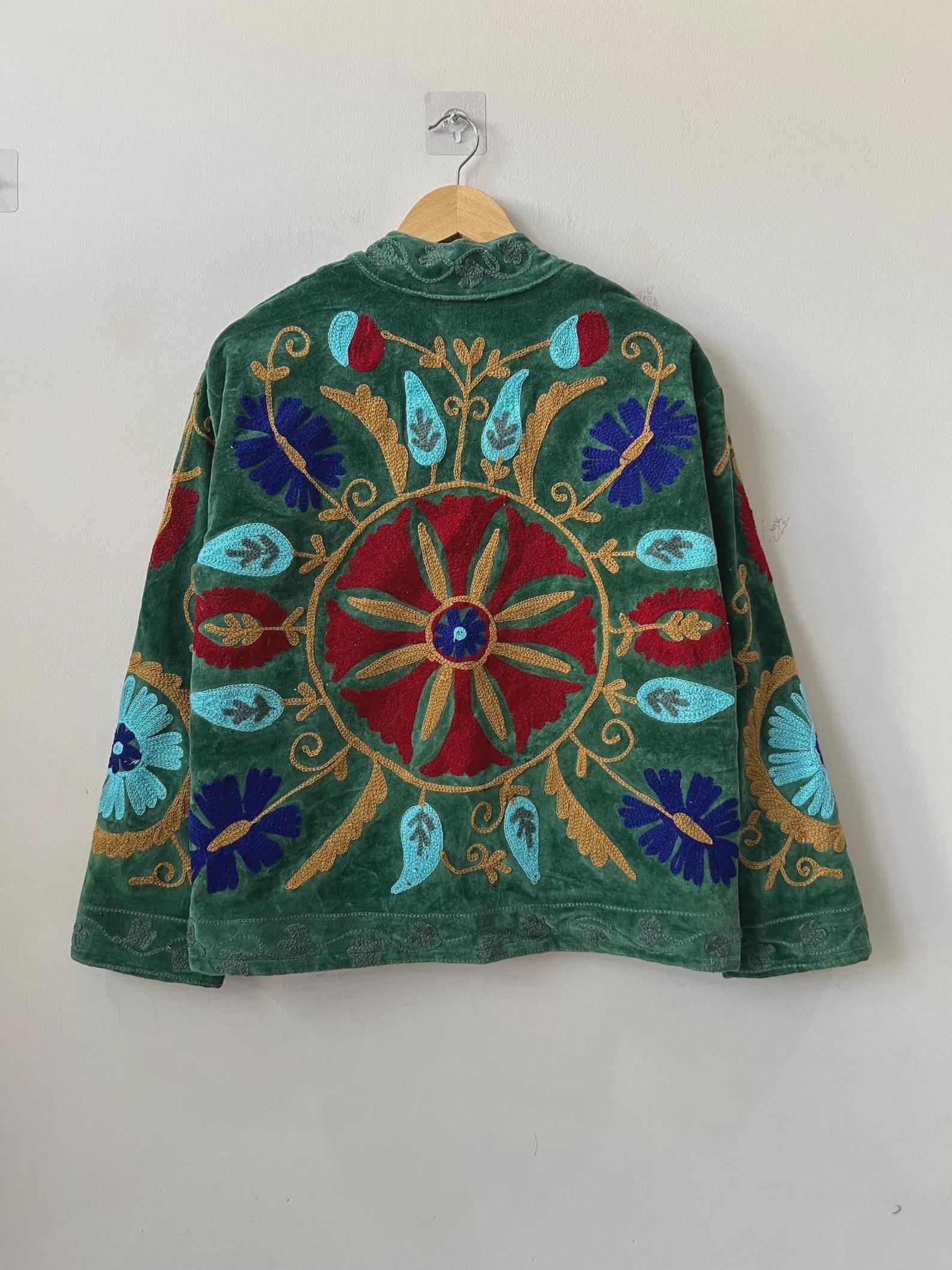 Suzani Embroidered Velvet Winter Jacket | Handmade Short Festival Coat | Ethnic Bohemian Outerwear | Winter Kimono Jacket | Gift For Wife