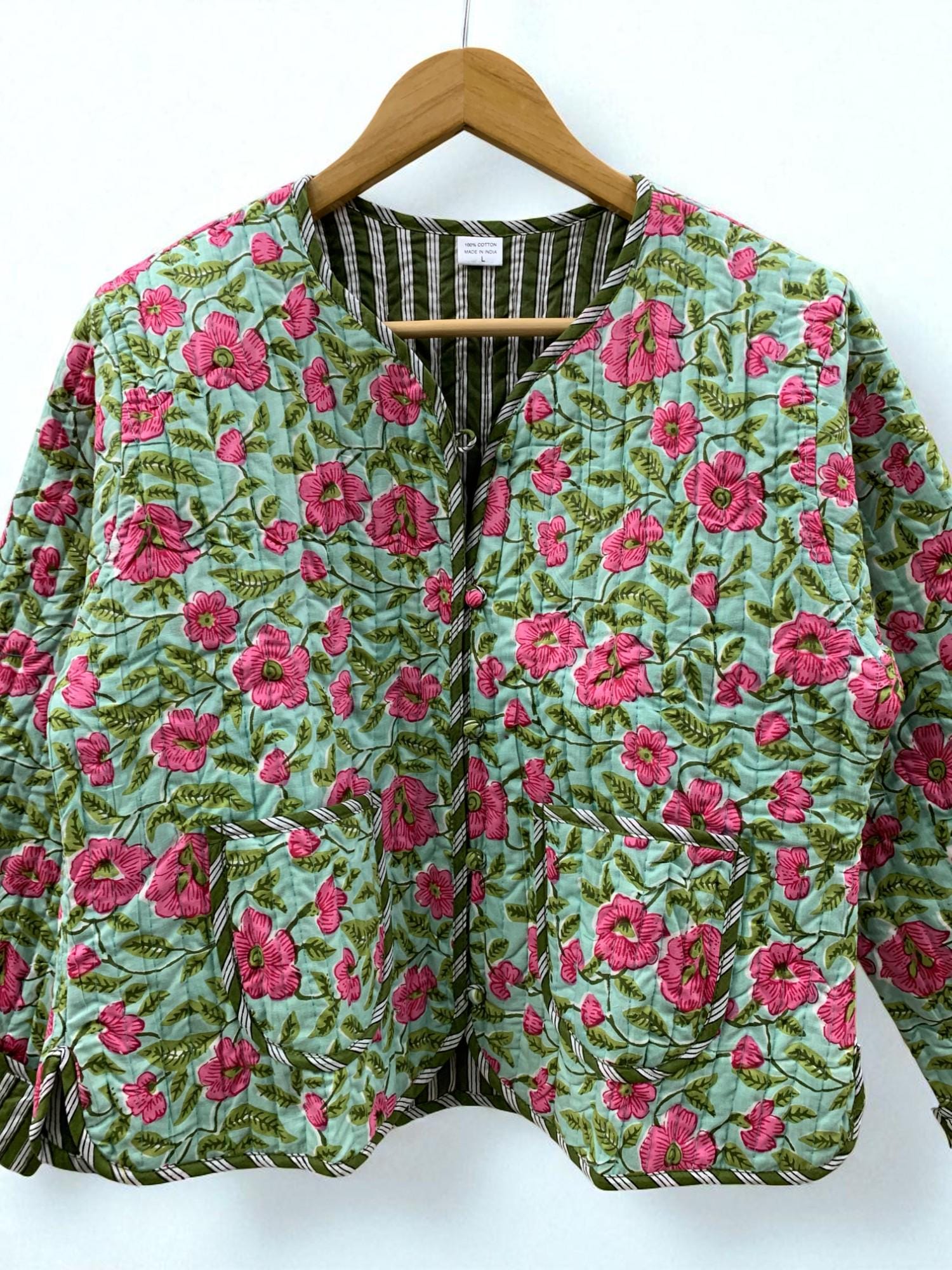 Green Cotton Quilted Cropped Jacket | Women's Outerwear | Printed Lightweight Cropped Jacket | Spring Jacket |Bomber Jacket | Gift For Her |