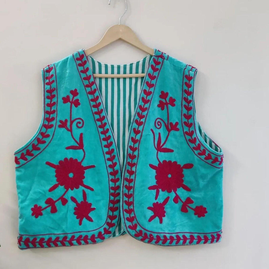 Blue Suzani Vest | Boho Embroidered Waistcoat |Gift For Her | Sleeveless Ethnic Jacket | Vintage Suzani Gilet | Festival Boho Clothing