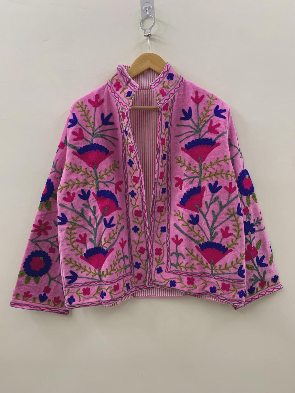 Pink Floral Suzani Embroidered Short Jacket | Kimono Jacket | Short Coat | Velvet Winter Outerwear | Ethnic Fashion Jacket | Gift for Her