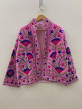 Pink Floral Suzani Embroidered Short Jacket | Kimono Jacket | Short Coat | Velvet Winter Outerwear | Ethnic Fashion Jacket | Gift for Her