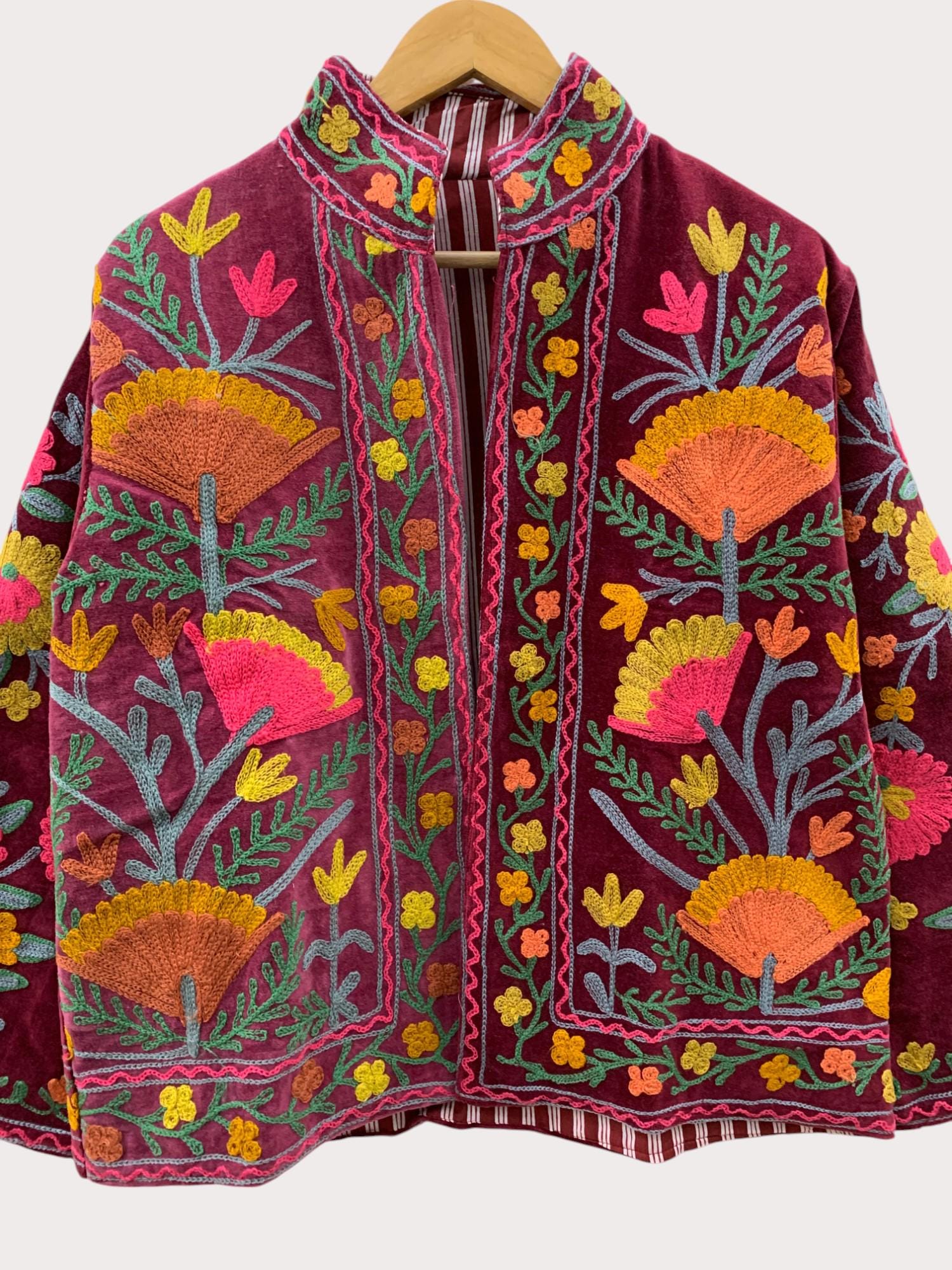 Vintage Suzani Embroidered Velvet Jacket |Pink Jacket | Bomber Hippie Jacket | Winter Warmed Coat |Gift For Her |Duster Short Floral Jacket
