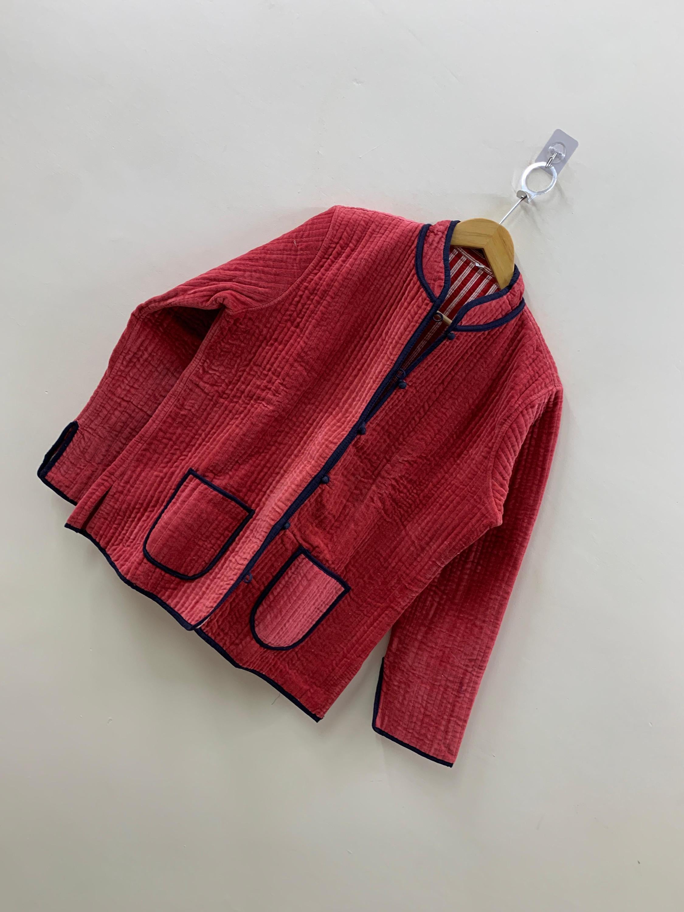 Red Quilted Velvet Solid Jacket | Quilted Velvet Coat | Buttoned Travel Jacket | Velvet Short Blazer | Winter Bomber Coat | Duster Jacket