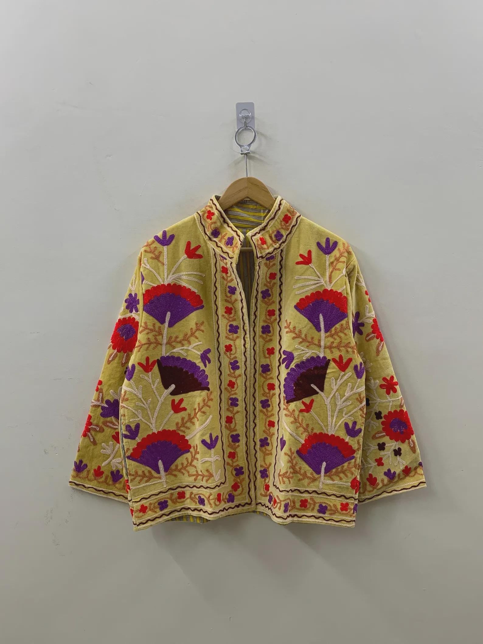 Suzani Embroidered Velvet Winter Jacket | Handmade Short Festival Coat | Ethnic Bohemian Outerwear | Winter Kimono Jacket | Gift For Wife