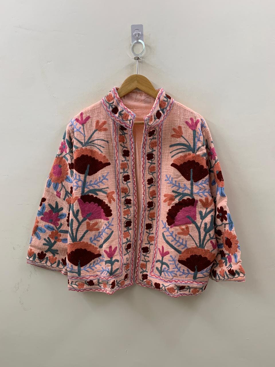 Pink Suzani TNT Fabric Short Boho Jacket | Long Sleeve Button Winter Coat