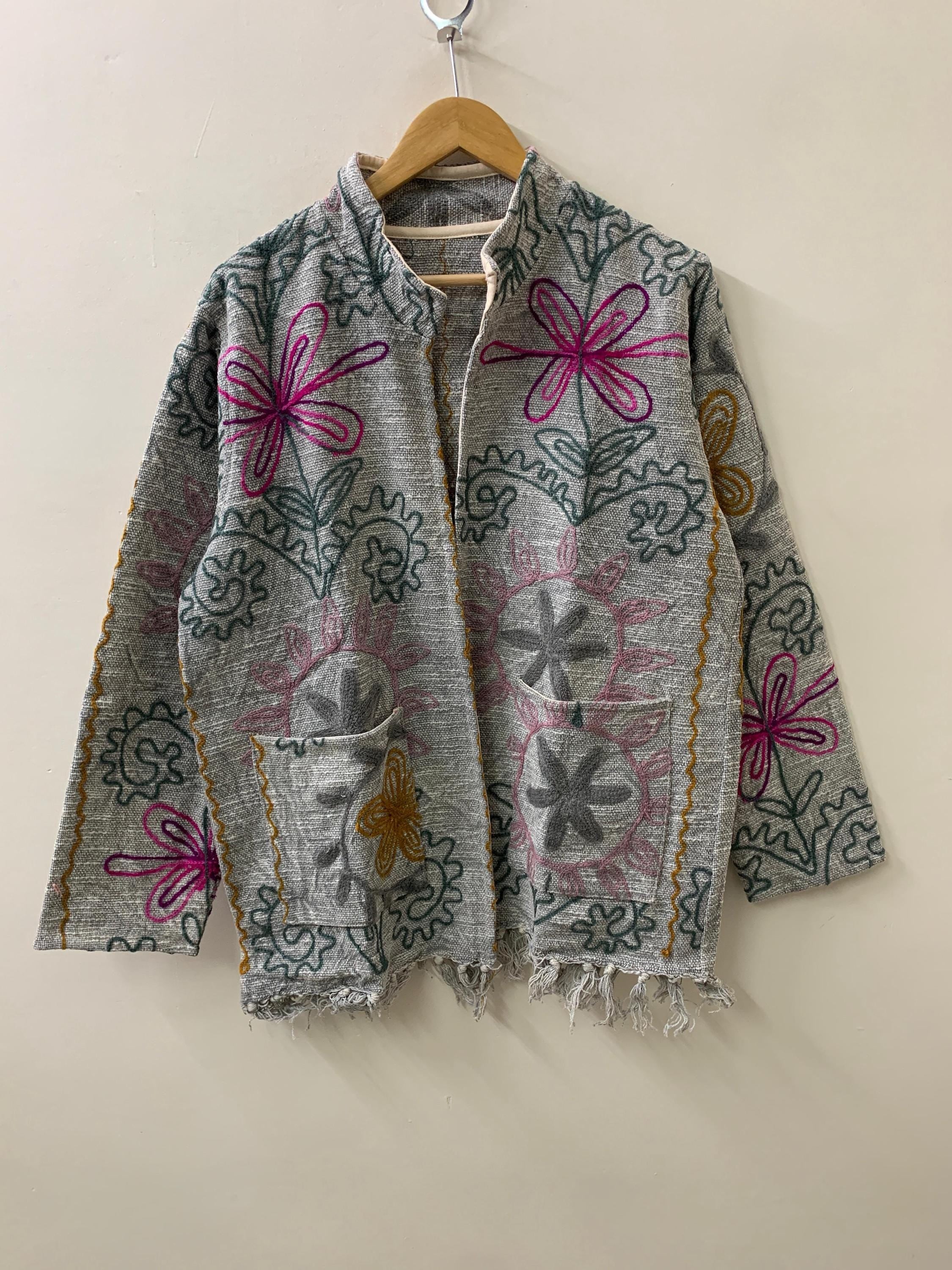 Handmade Ethnic Embroidered Cotton Suzani Kimono | Boho Throw Shrug | Tribal Festival Spring Coat | Statement Duster Outerwear