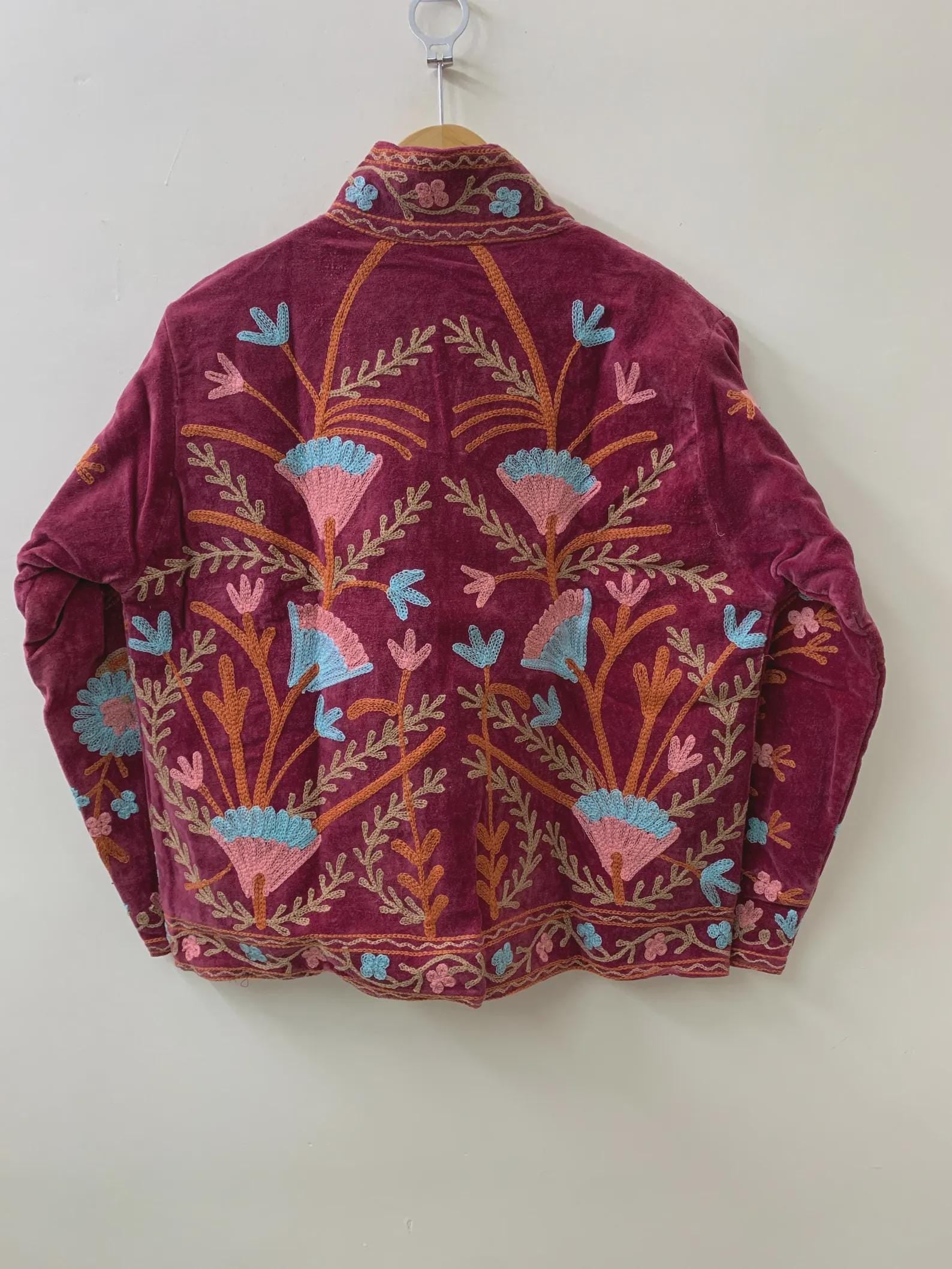 Maroon Soft Velvet Suzani Winter Short Jacket | Winter Handmade Jacket | Embroidered Jacket Coat | Velvet Jacket | Suzani Coat | One Size