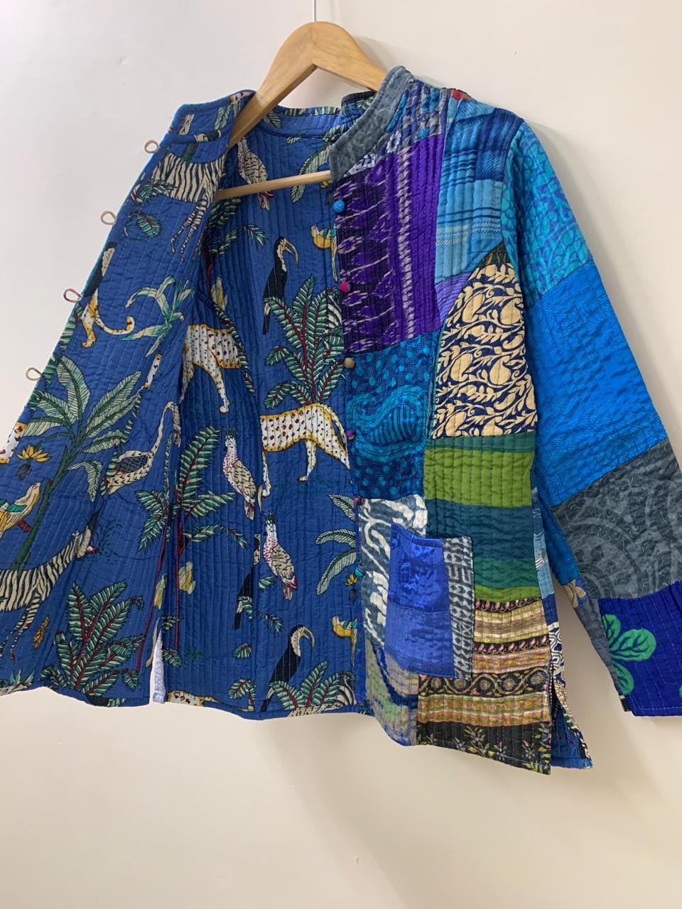 Boho Reversible Silk Patchwork Jacket | Kantha Blazer | Buttoned Quilted Coat |Handmade Vintage Fabric Jacket |Bohemian Outerwear |Gift idea