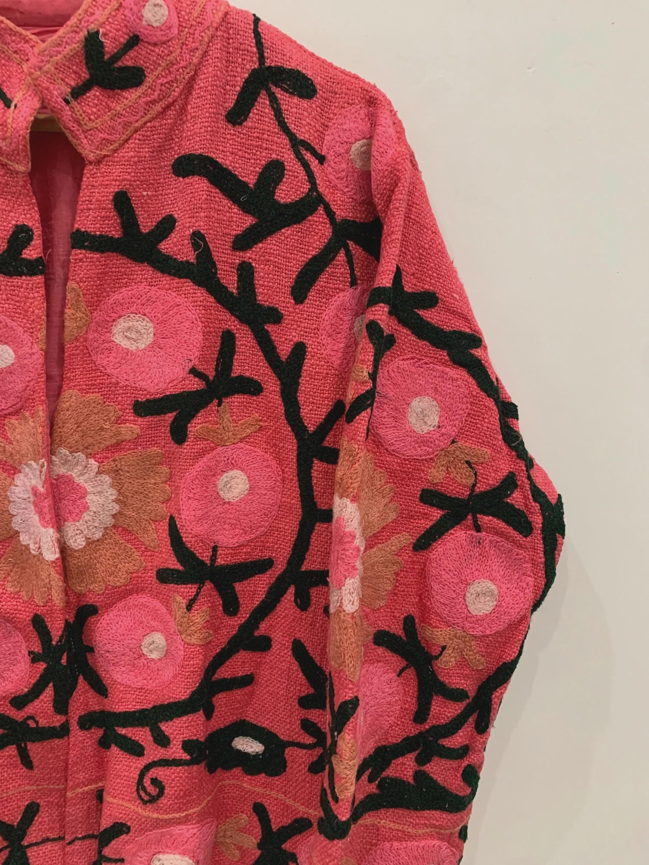 Red TNT Fabric Suzani Short Jacket | Embroidered Boho Jacket | Vintage Uzbek Textile | Floral Bomber Coat | Bohemian Outerwear |Gift For Her