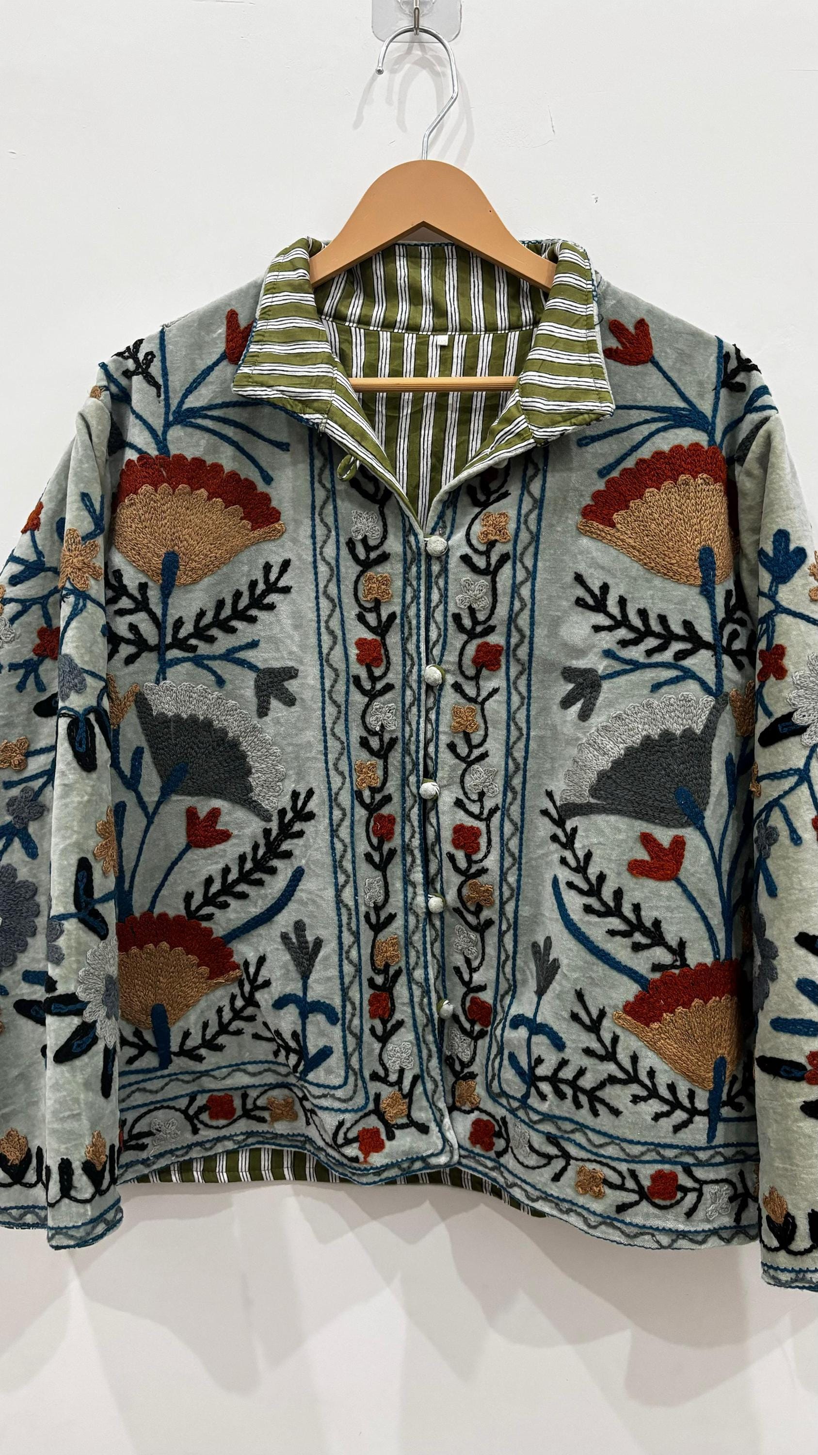 Indian Suzani Embroidery Jacket Batton Coat, Winter Suzani Jacket, Velvet Kimono Coat, Suzani Coat, Outerwear, Travel Jacket, Gift For Her