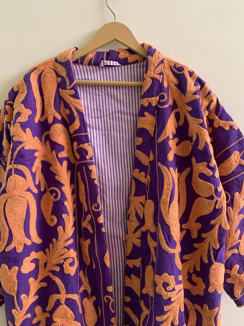 Purple Embroidered Unisex Kimono | Japanese Kimono Jacket | Purple Cotton Canvas Robe | Handmade Boho Duster | Beach Cover Up | Gift for Her