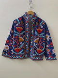 Blue Embroidery Suzani Velvet Short Jacket, Indian Handmade Floral Coat, Unisex Bridesmaid Gift, Winter Jacket, Women's Coat, Suzani Jacket