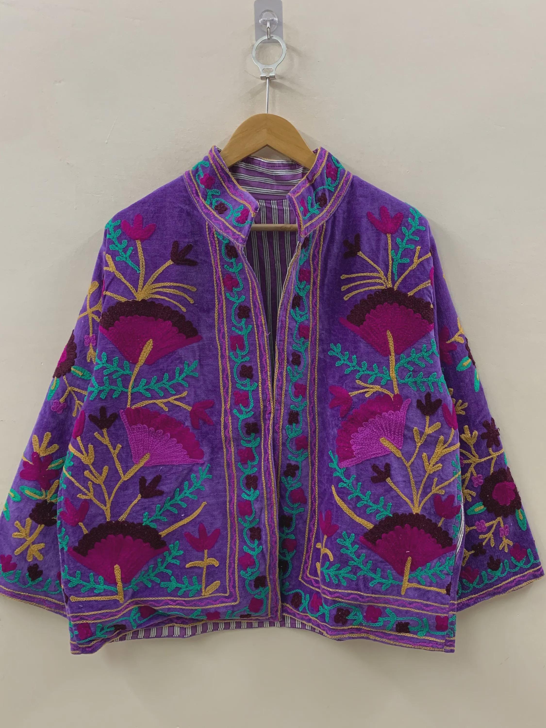 Purple Floral Suzani Embroidered Jacket | Kimono Women's Jacket | Embroidery Short Coat | Winter Coat | Street Style Coat | Gift For Her