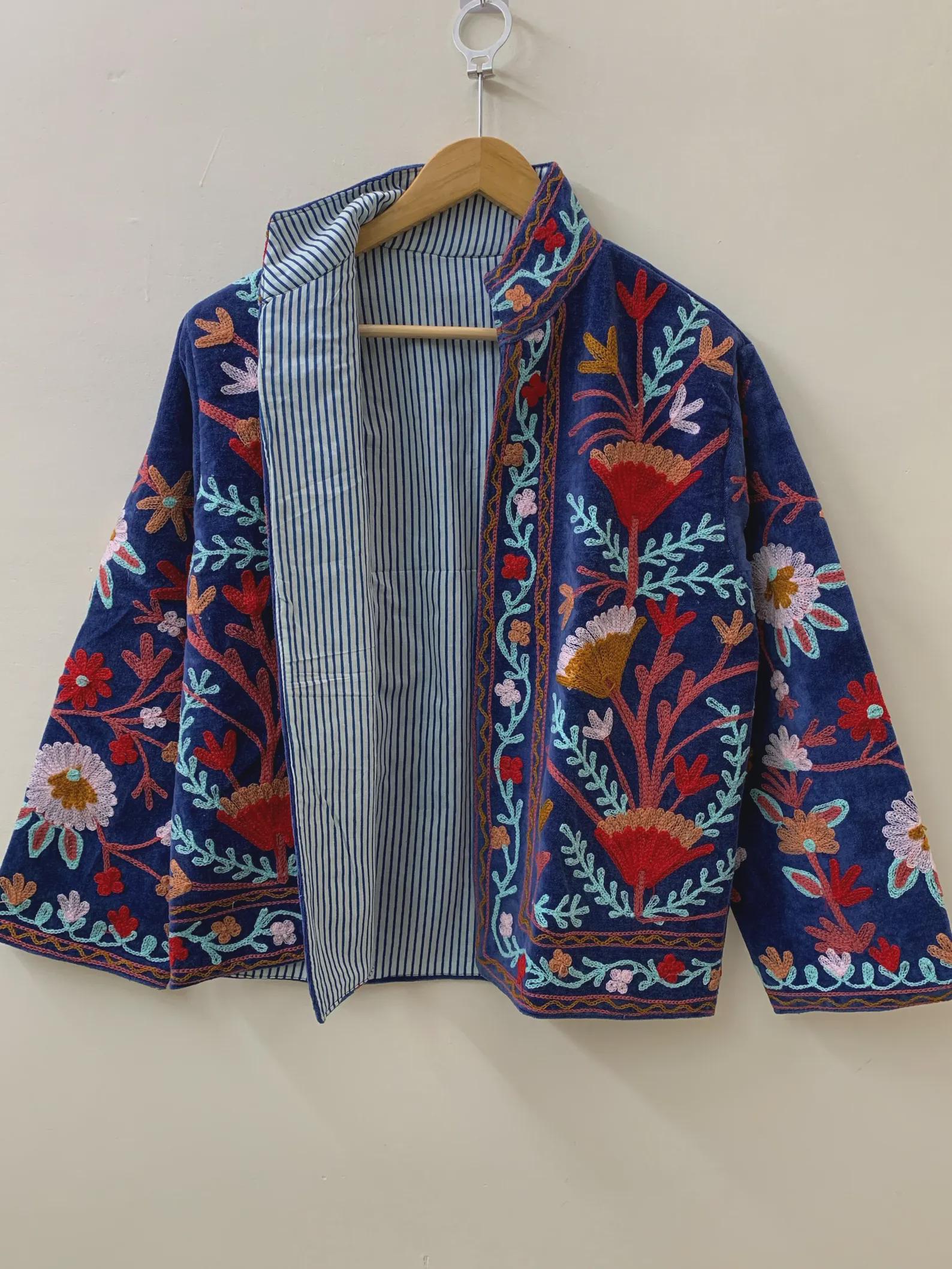 Blue Embroidery Suzani Velvet Short Jacket, Indian Handmade Floral Coat, Unisex Bridesmaid Gift, Winter Jacket, Women's Coat, Suzani Jacket