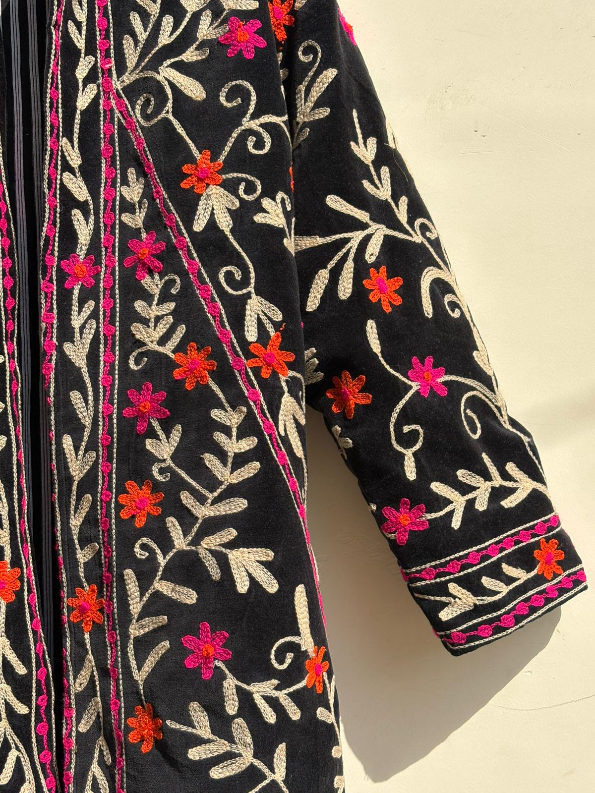 Black Suzani Velvet Kimono |Unisex Bohemian Overcoat | Traditional Kimono Jacket |Hand Embroidered Kimono | Winter Warm Kimono Overcoat
