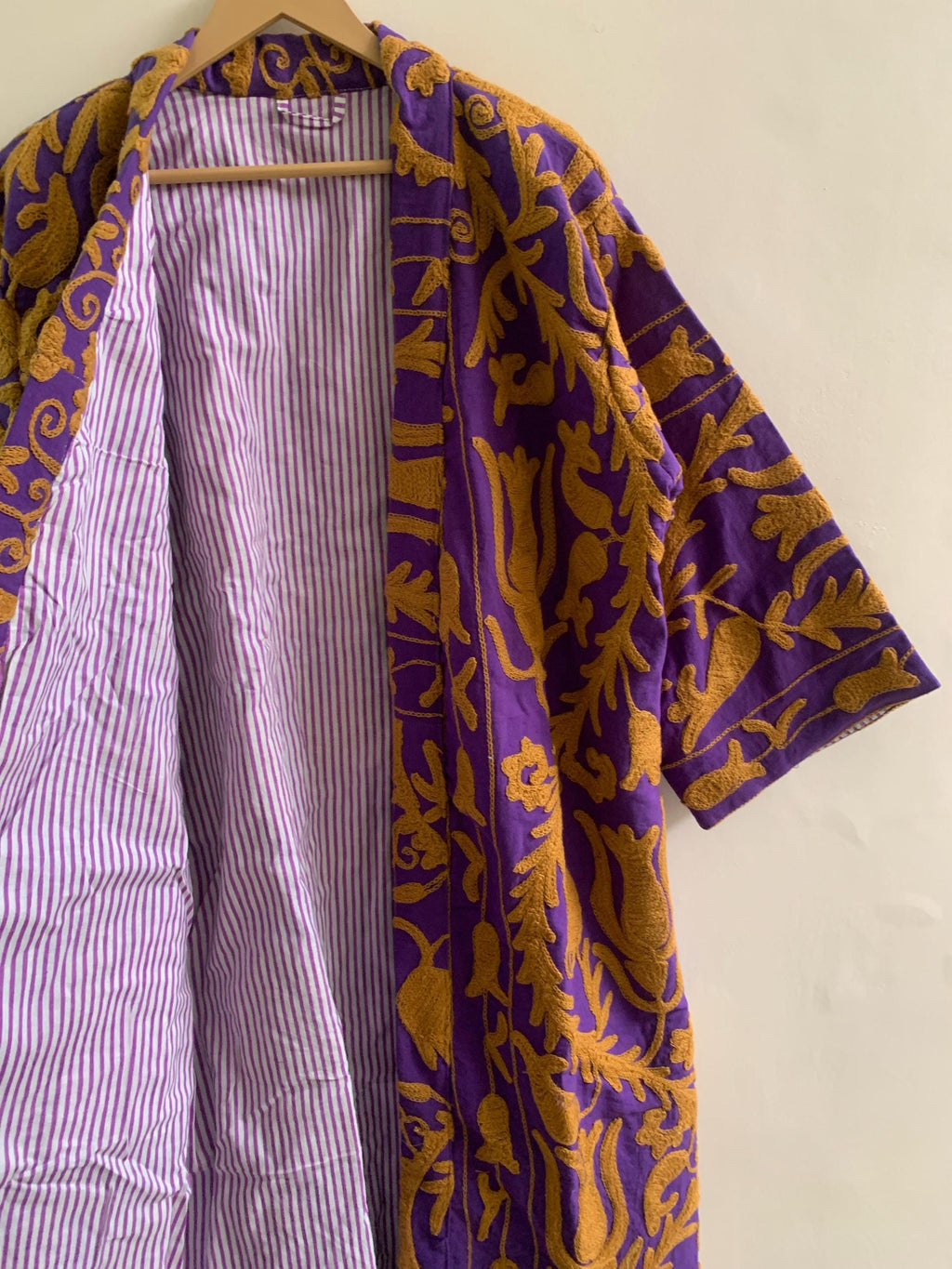 Boho Duster Kimono Jacket | Embroidered Unisex Kimono | Purple Cotton Canvas Robe | Beach Cover Up | Festival Wear | Gift for Her