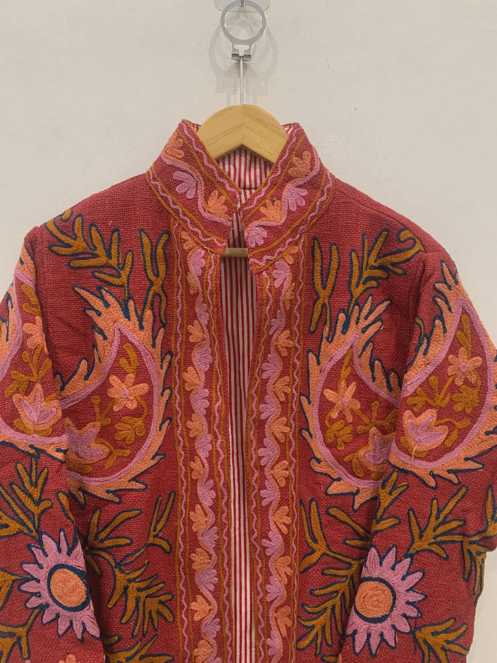 Red Cotton Suzani Hand Embroidered Jacket: Boho Ethnic Clothing, Embroidery Coat, Suzani Cotton Boho Jacket, Gift For Her, Boho Suzani Coat