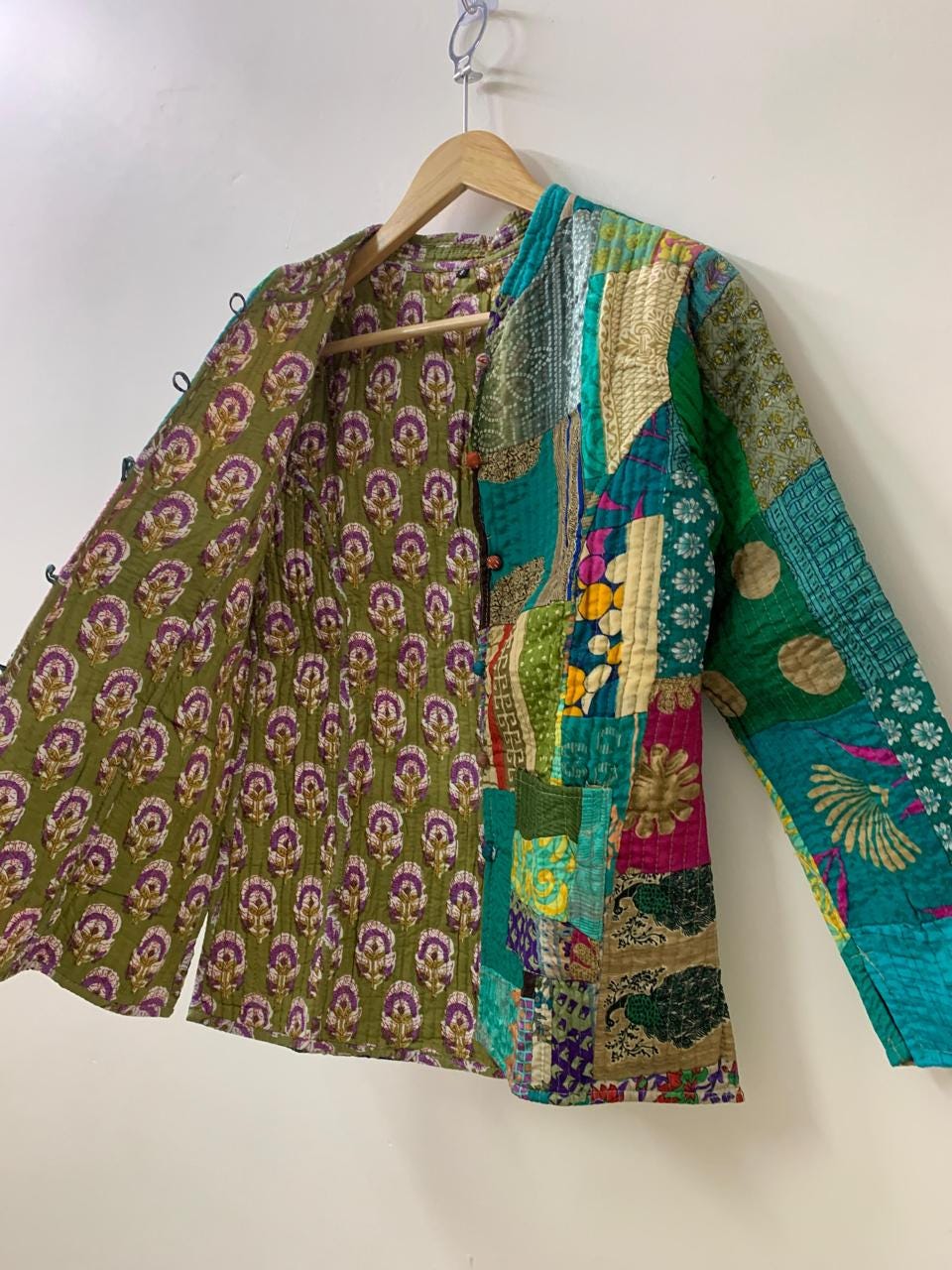 Reversible Silk Patchwork Kantha Jacket Blazer | Buttoned Boho Quilted Coat | Handmade Vintage Fabric Jacket | Bohemian Outerwear |Gift idea