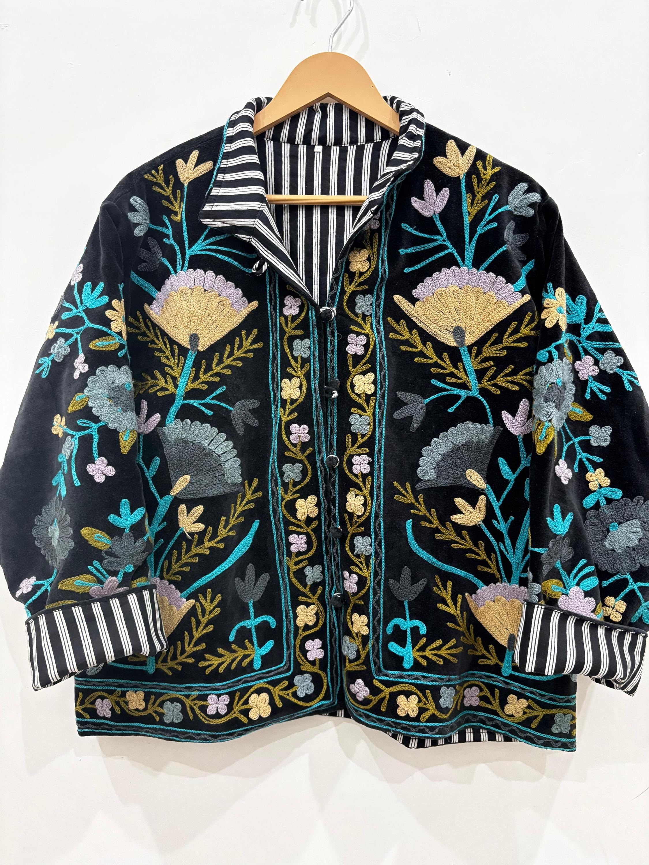 Black Suzani Embroidery Velvet Button Coat, Winter Suzani Jacket, Velvet Kimono Coat, Suzani Coat, Outerwear, Travel Jacket, Gift For Her