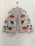 White Velvet Suzani Winter Short Jacket | Winter Handmade Jacket | Embroidered Jacket Coat | Velvet Jacket | Suzani Coat , Robe | One Size