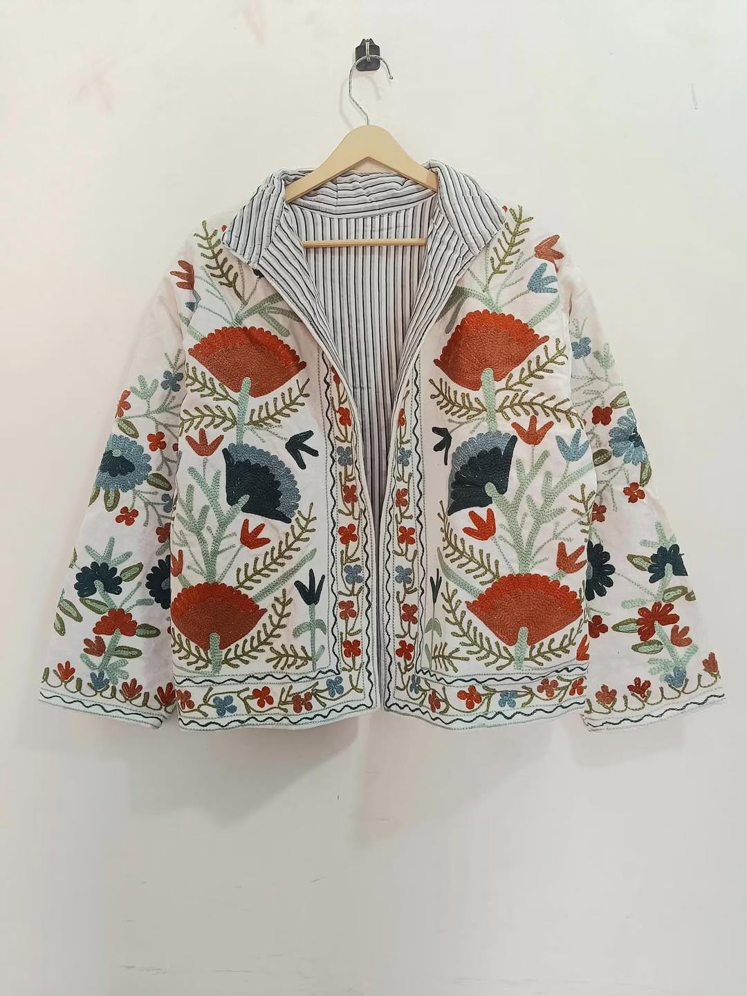 White Velvet Suzani Winter Short Jacket | Winter Handmade Jacket | Embroidered Jacket Coat | Velvet Jacket | Suzani Coat , Robe | One Size