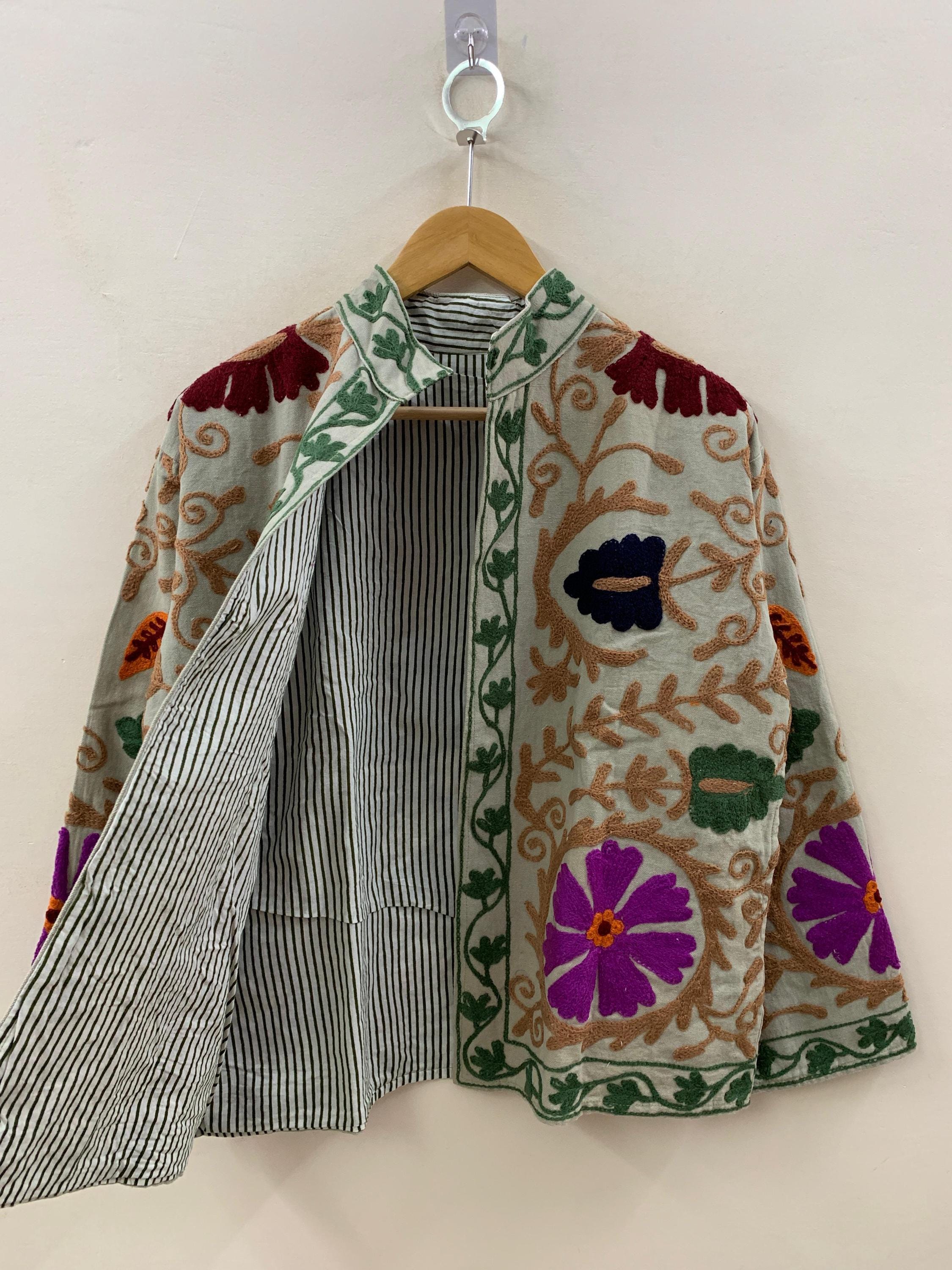 Cotton Suzani Short Floral Jacket – Embroidered Vintage Coat – Tribal Festival Kimono Jacket |Gift For Her | Duster Jacket |Bomber Chic Coat