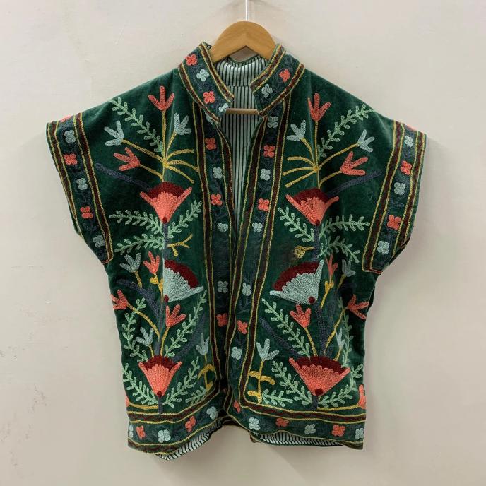 Green Velvet Suzani Vest | Embroidered Boho Waistcoat | Sleeveless Ethnic Jacket | Bohemian Festival Vest | Gypsy Style Vest | Gift for Her
