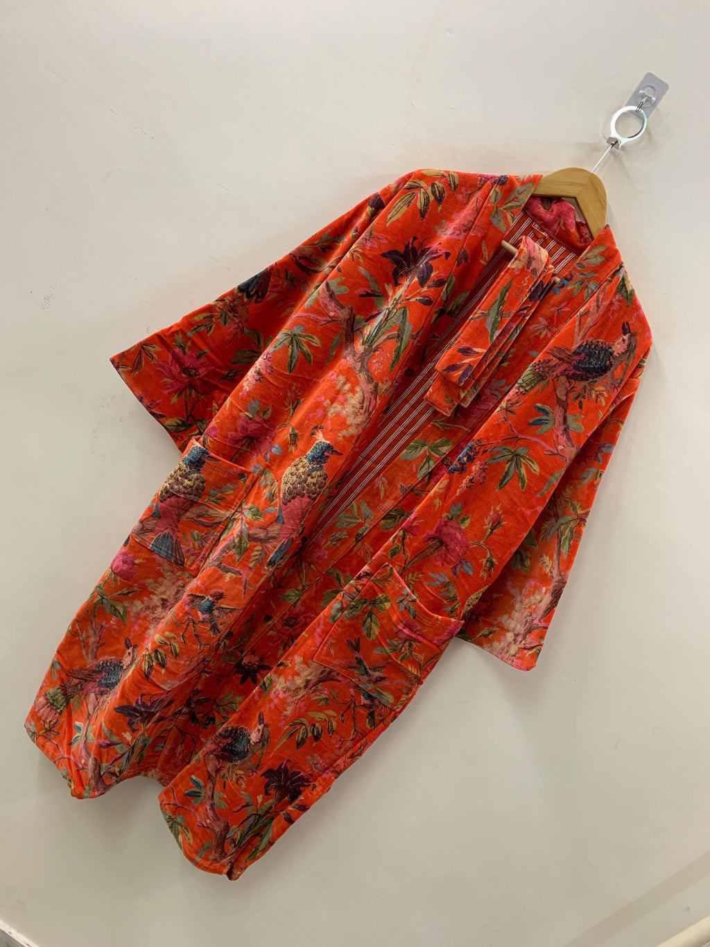 Orange Velvet Kimono Robe – Boho Bird Print Duster Robe |Peacock Floral Long Kimono Jacket | Statement Loungewear | Bohemian Festival Outfit