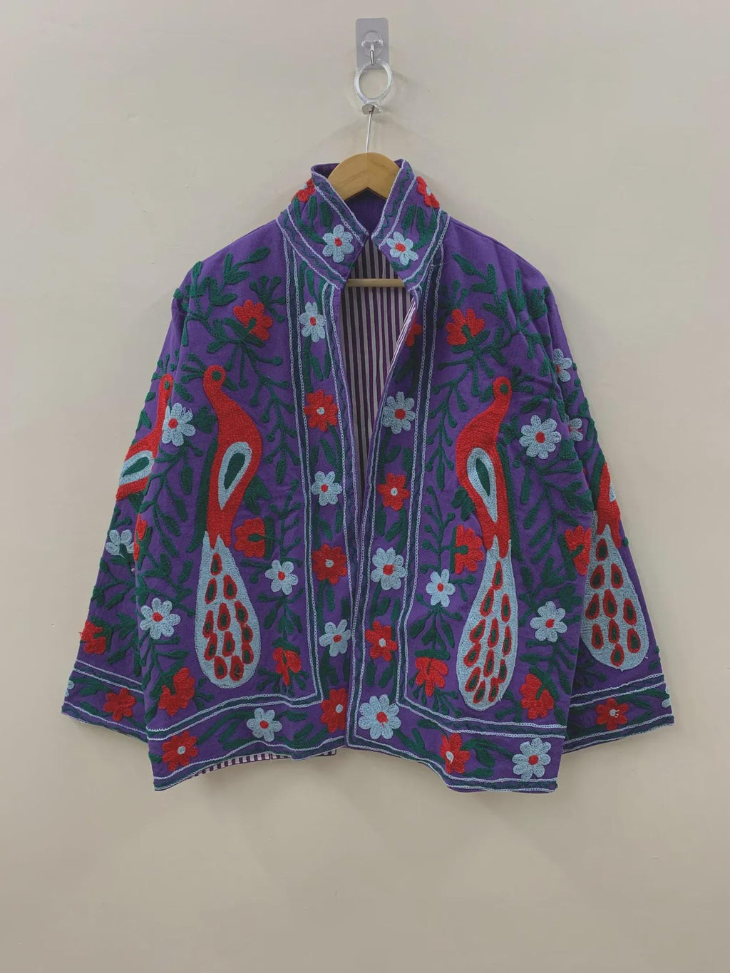 Handmade Cotton Suzani Jacket – Purple Embroidered Peacock & Floral Boho Coat | Ethnic Artisan Outerwear | Gift for Her