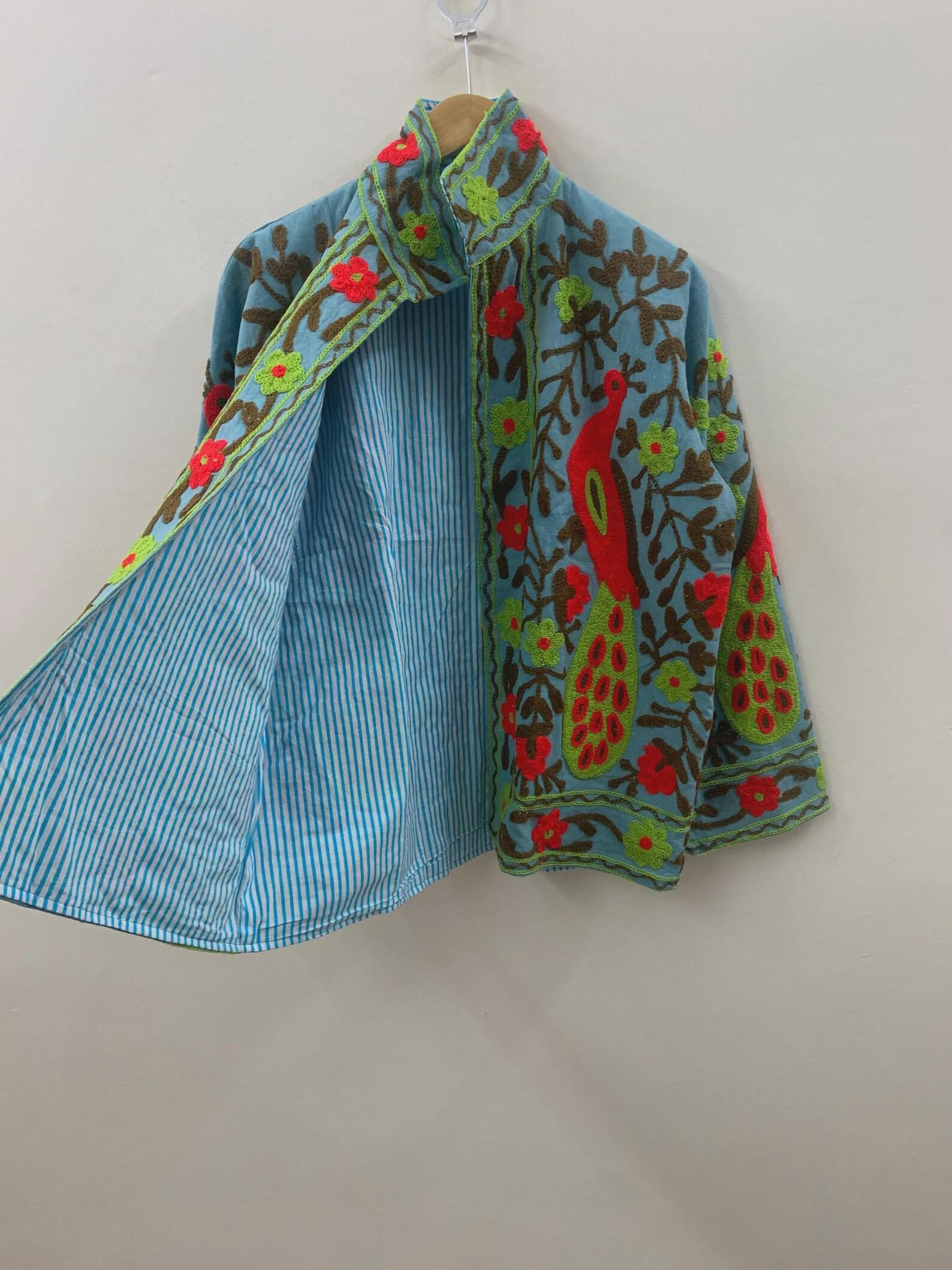 Vintage Velvet Suzani Short Jacket | Embroidered Peacock & Floral Boho Coat | Ethnic Artisan Jacket | Bohemian Outerwear | Gift for Her