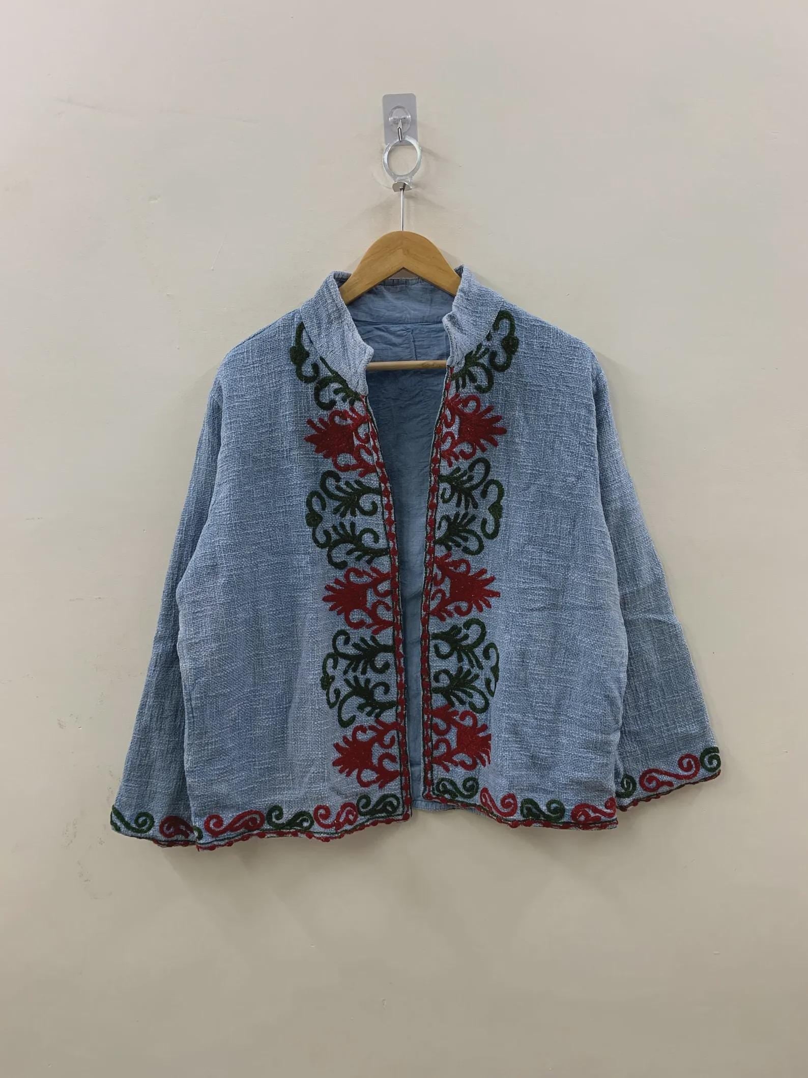 Grey TNT Suzani Short Jacket | Embroidered Floral Coat Robe | Ethnic Uzbek Textile | Festival Kimono Jacket |Warm Outerwear |Gift For Her