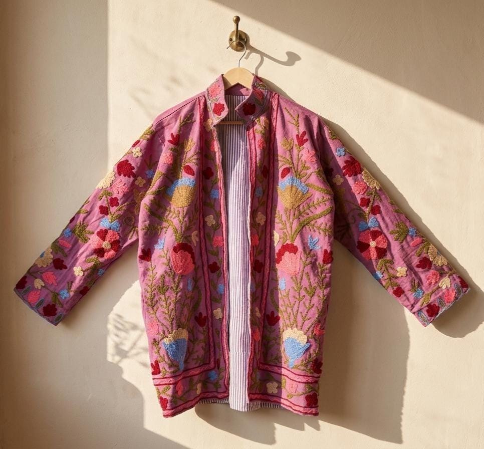 Suzani Cotton Jacket | Embroidered Kimono Coat | Oversized Winter Outerwear | Indian Ethnic Jacket | Warm Winter Coat | Gift for Her