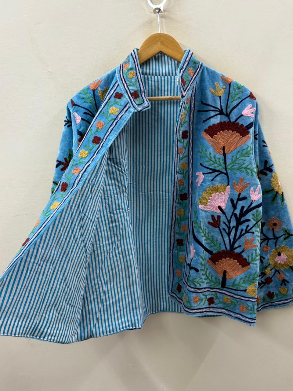 Blue Hand-Embroidered Suzani Velvet Jacket, Boho Festival Coat, Gift For Her
