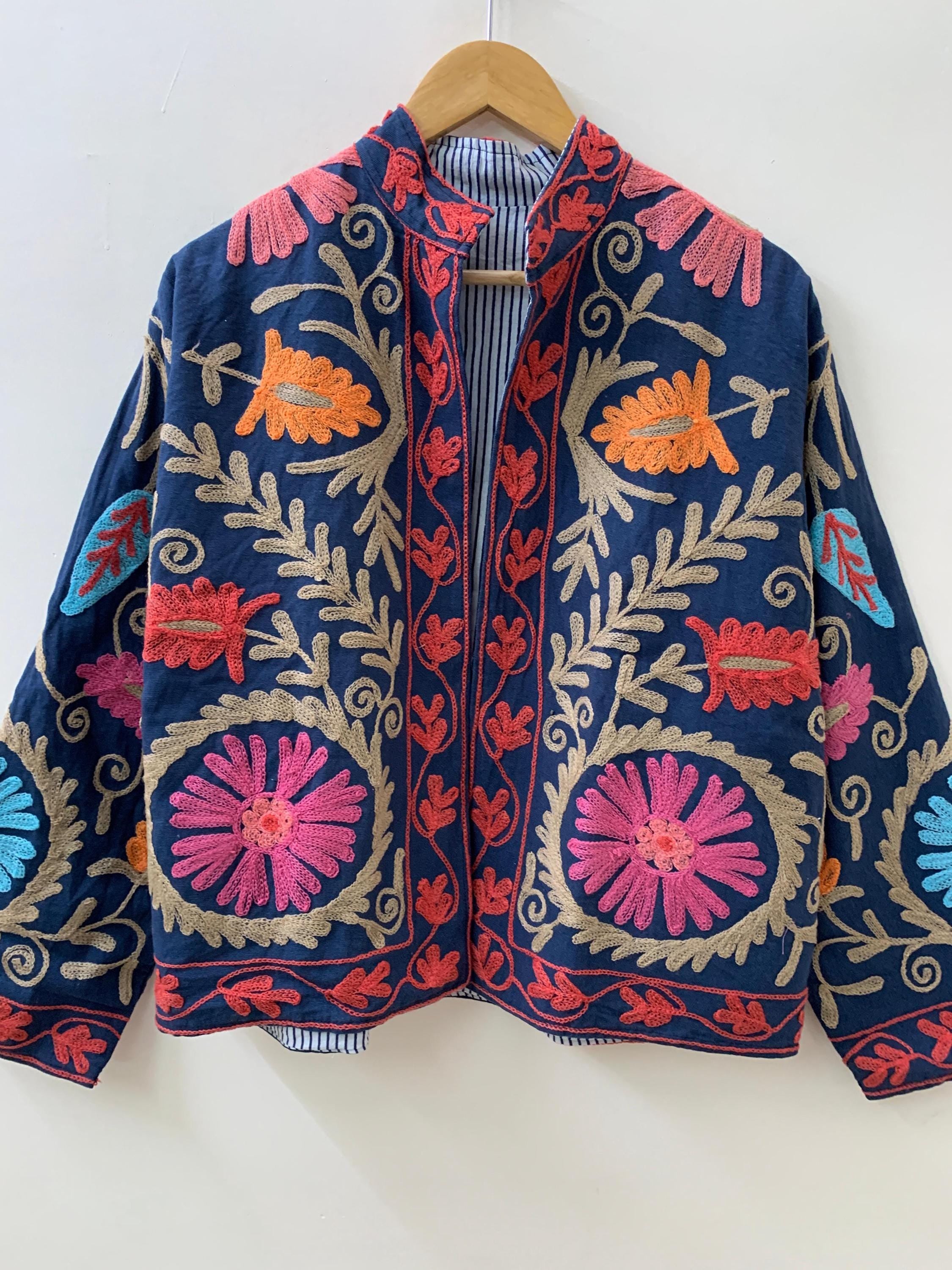 Blue Cotton Suzani Winter Short Jacket | Cotton Spring Jacket | Suzani Bomber Coat | Vintage Floral Boho Jacket | Gift For Her | Outerwear