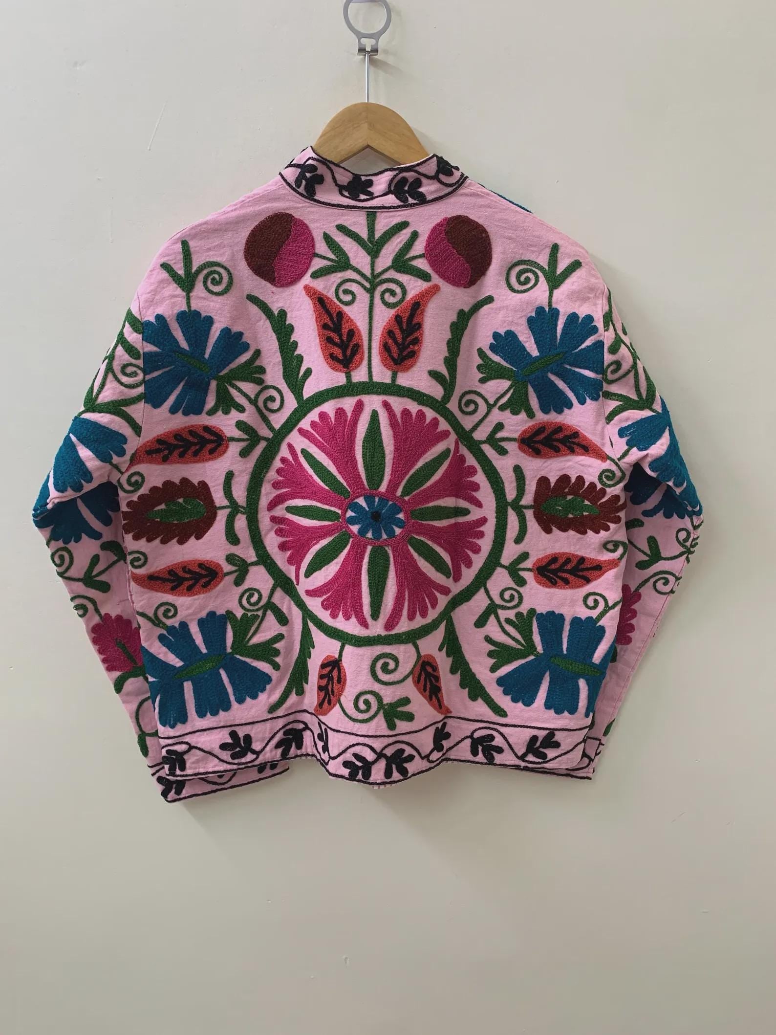 Pink Bohemian Suzani Embroidered Velvet Winter Jacket | Handmade Short Festival Coat for Women | Boho Statement Outerwear