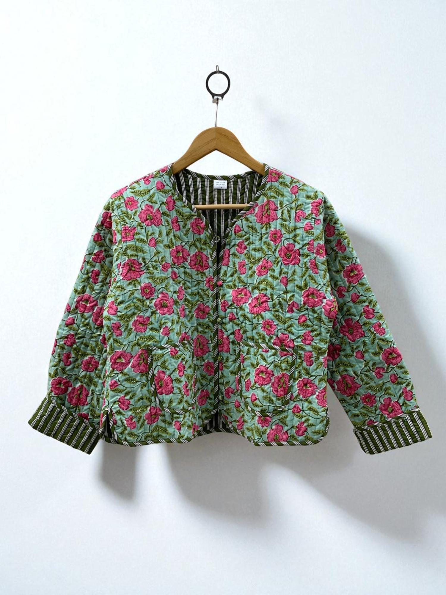 Green Cotton Quilted Cropped Jacket | Women's Outerwear | Printed Lightweight Cropped Jacket | Spring Jacket |Bomber Jacket | Gift For Her |